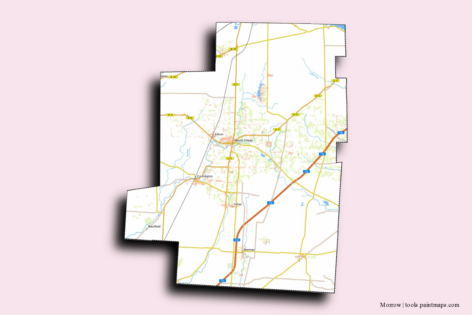 Mapa de barrios y pueblos de Morrow con efecto de sombra 3D