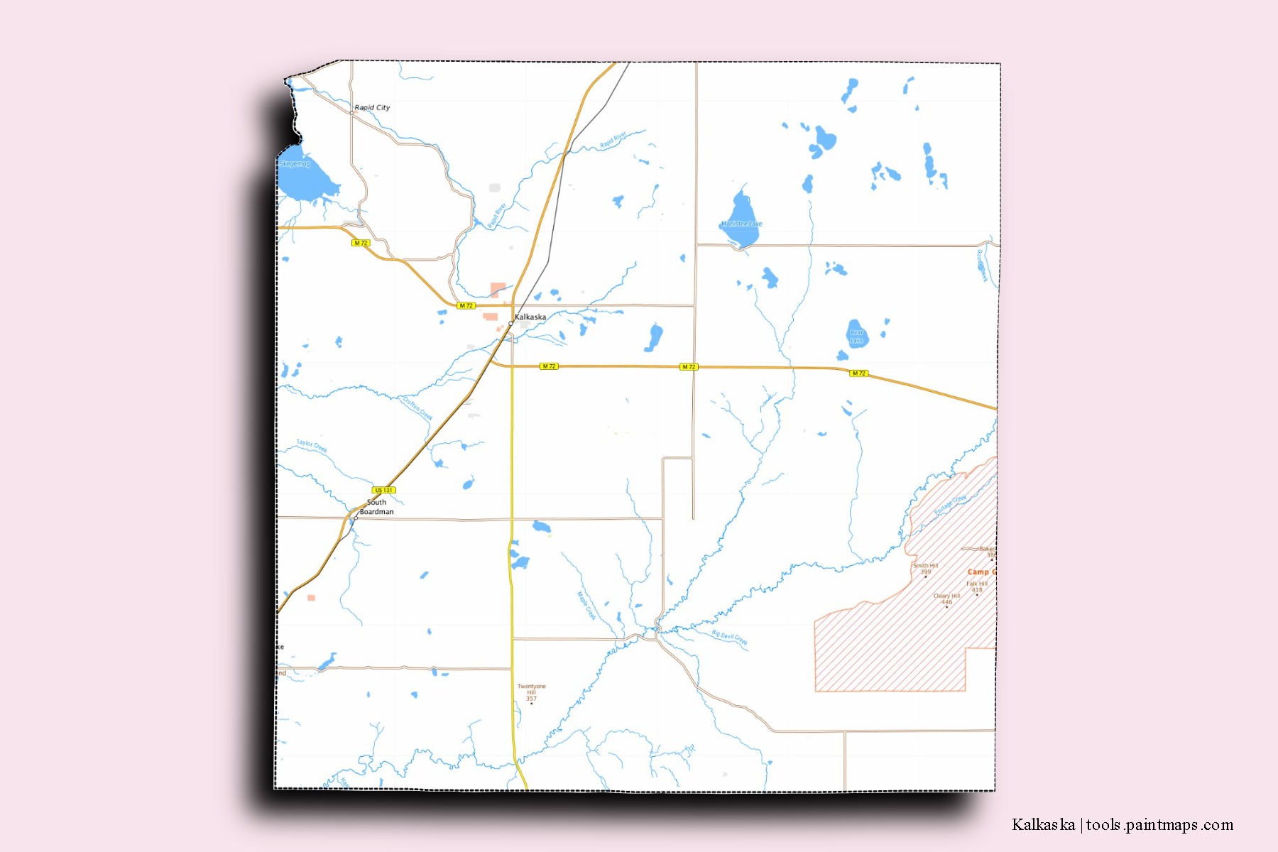 Kalkaska neighborhoods and villages map with 3D shadow effect