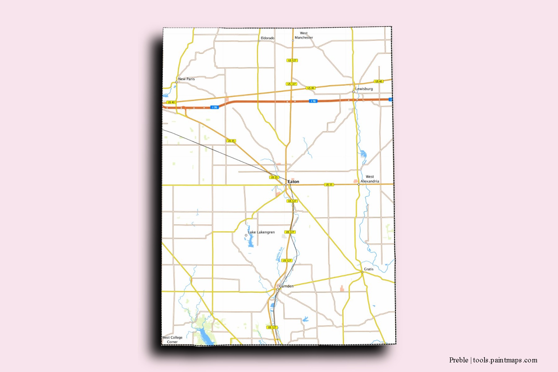 Preble neighborhoods and villages map with 3D shadow effect