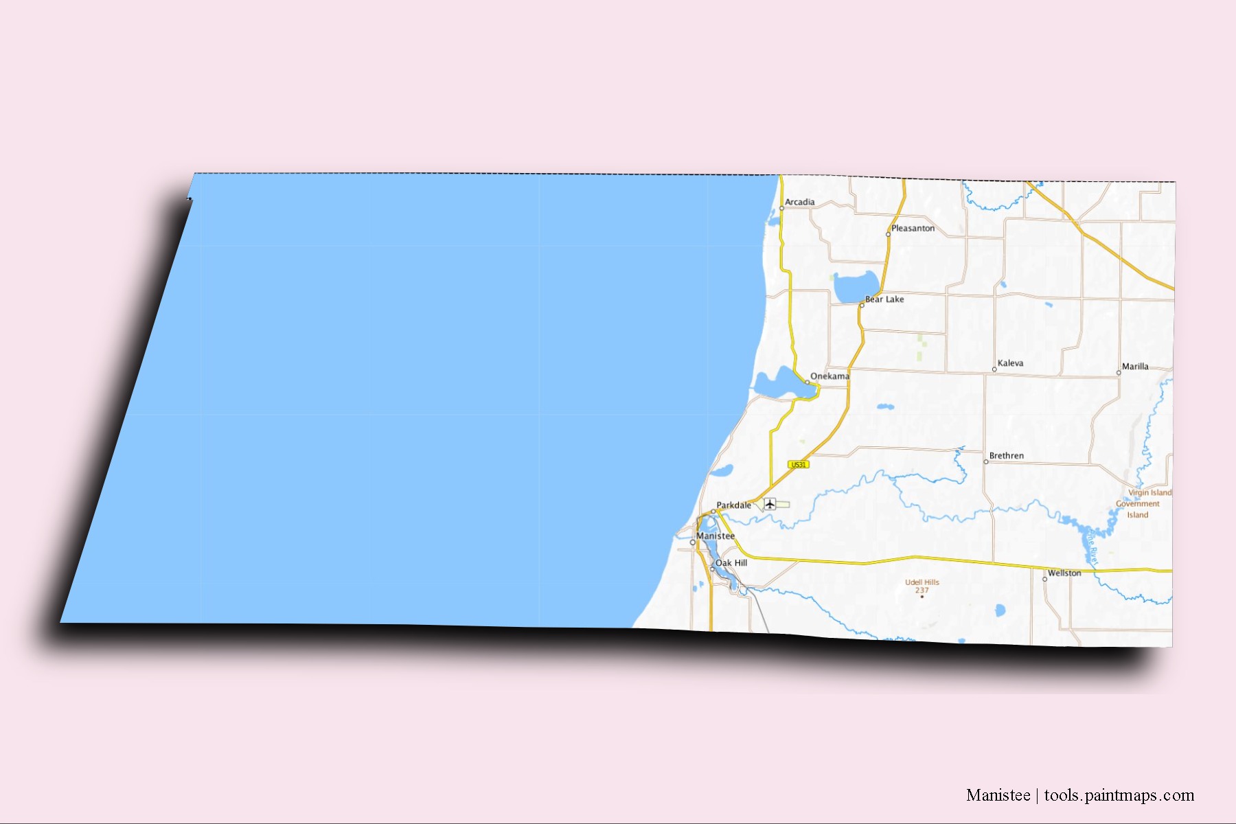 3D gölge efektli Manistee County mahalleleri ve köyleri haritası