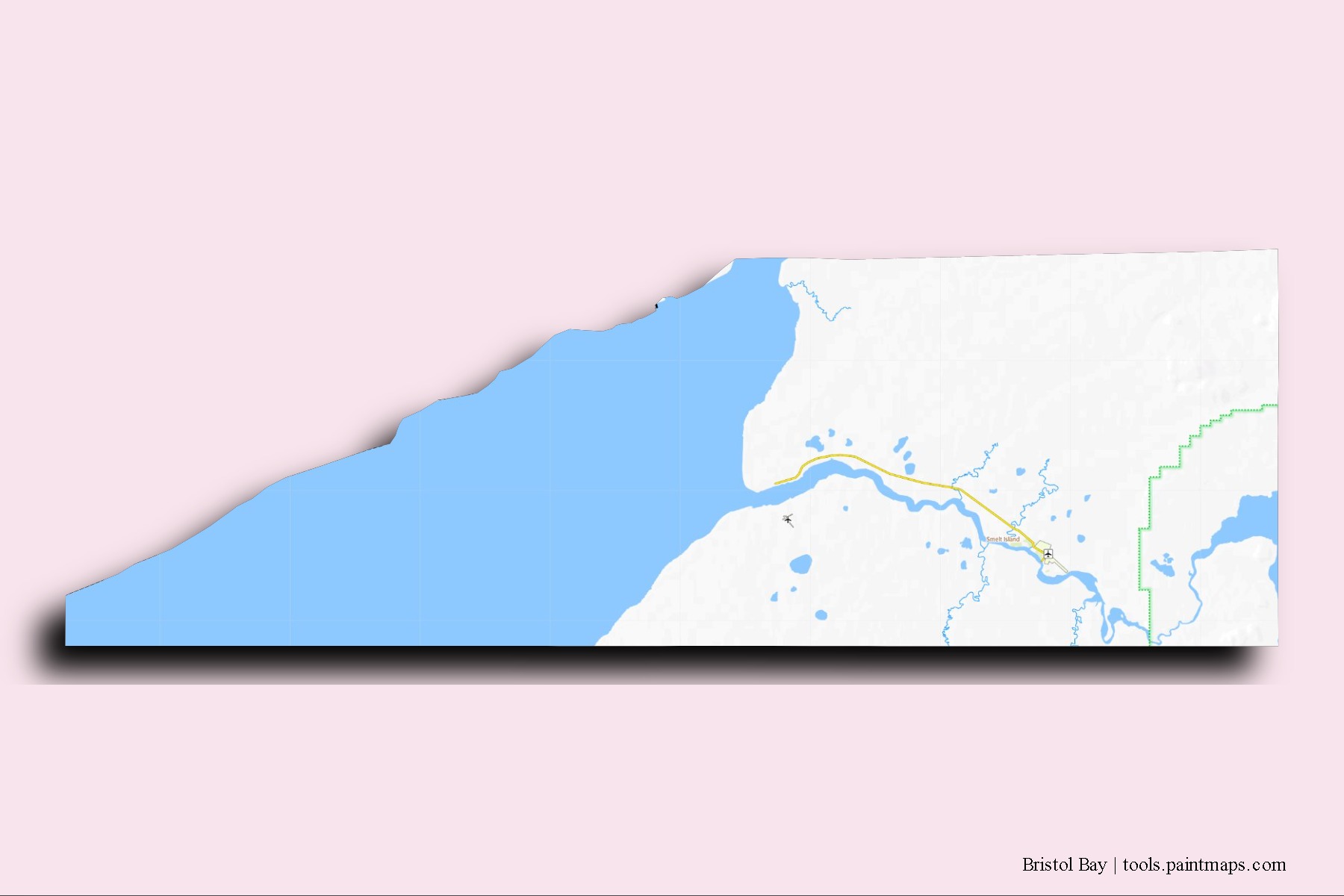 Mapa de barrios y pueblos de Bristol Bay con efecto de sombra 3D