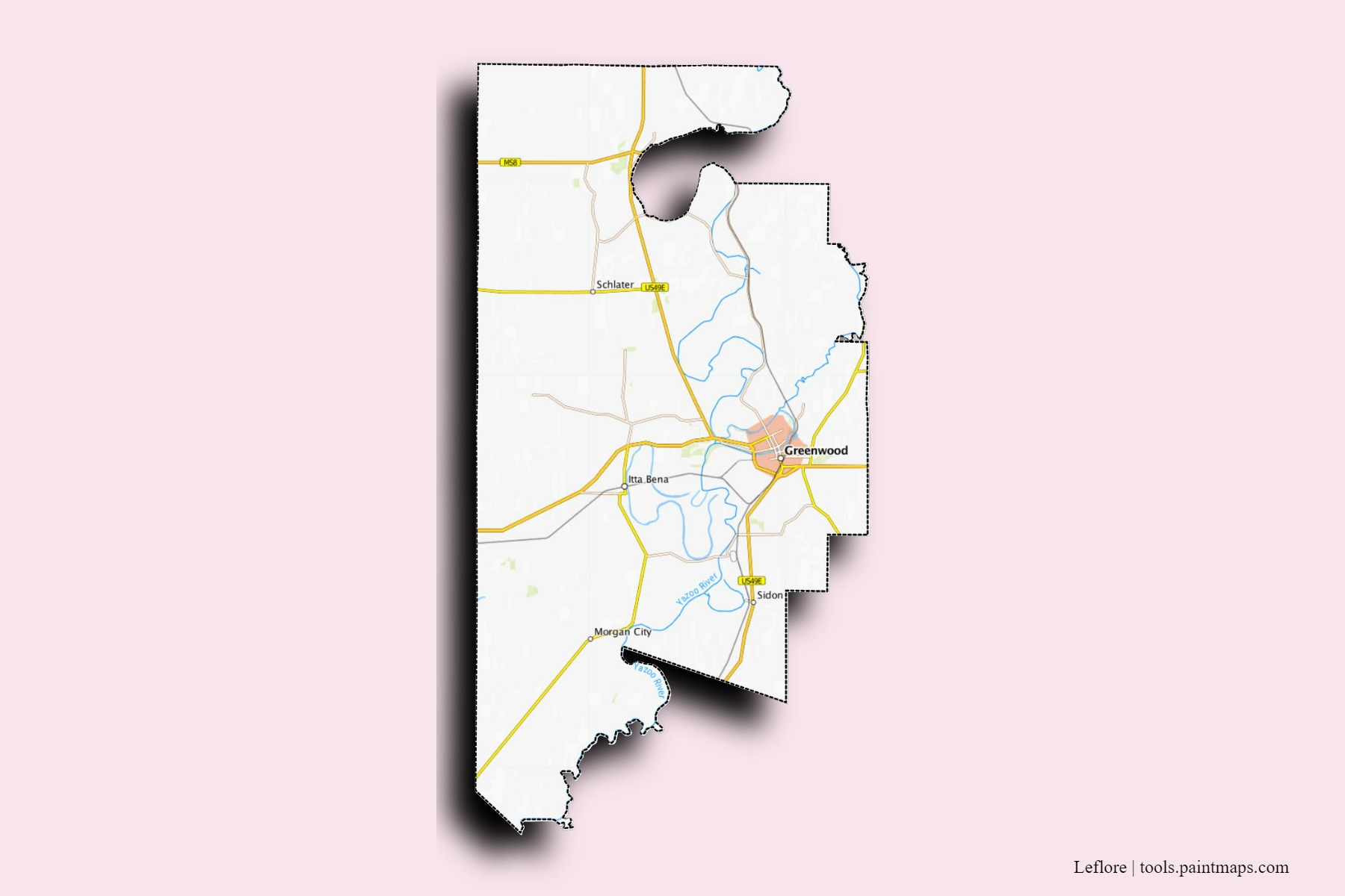 Leflore neighborhoods and villages map with 3D shadow effect