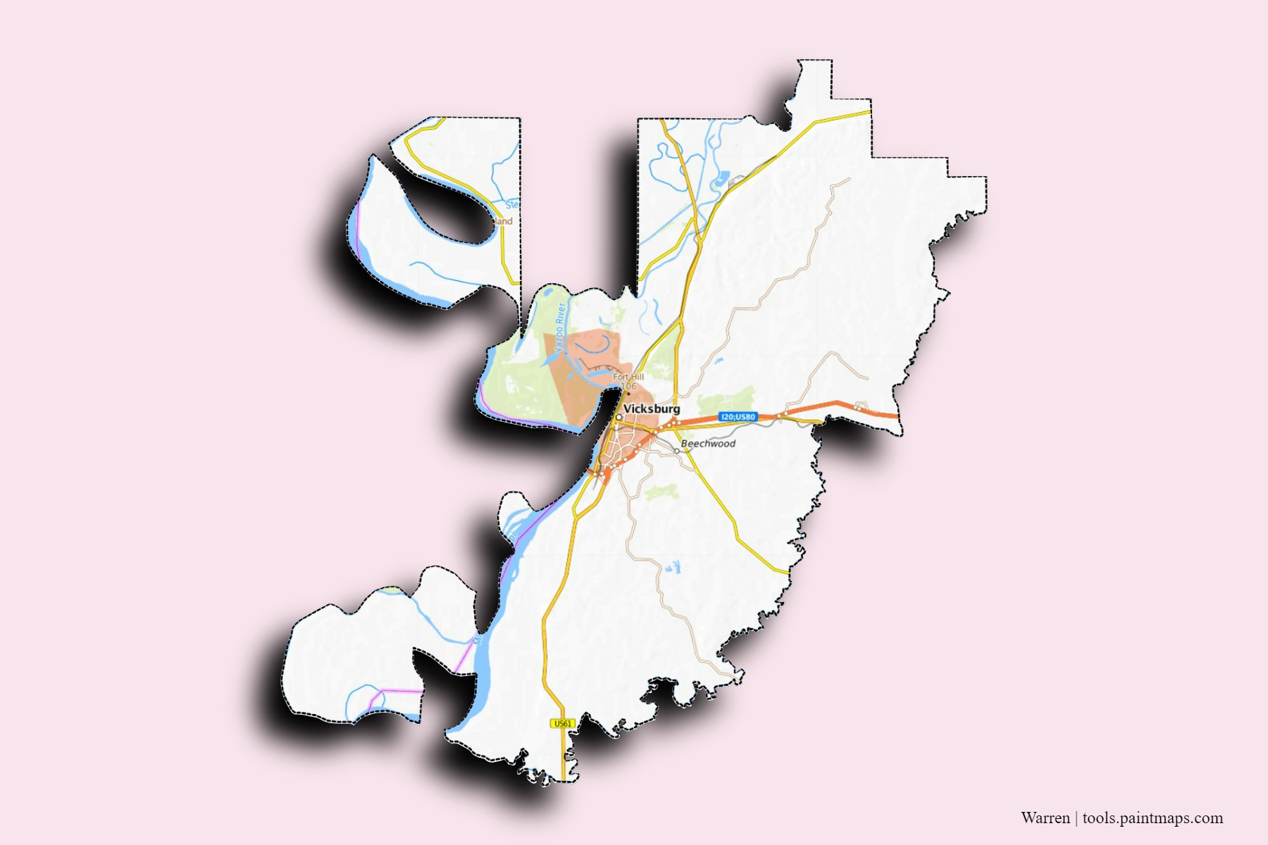 Warren neighborhoods and villages map with 3D shadow effect