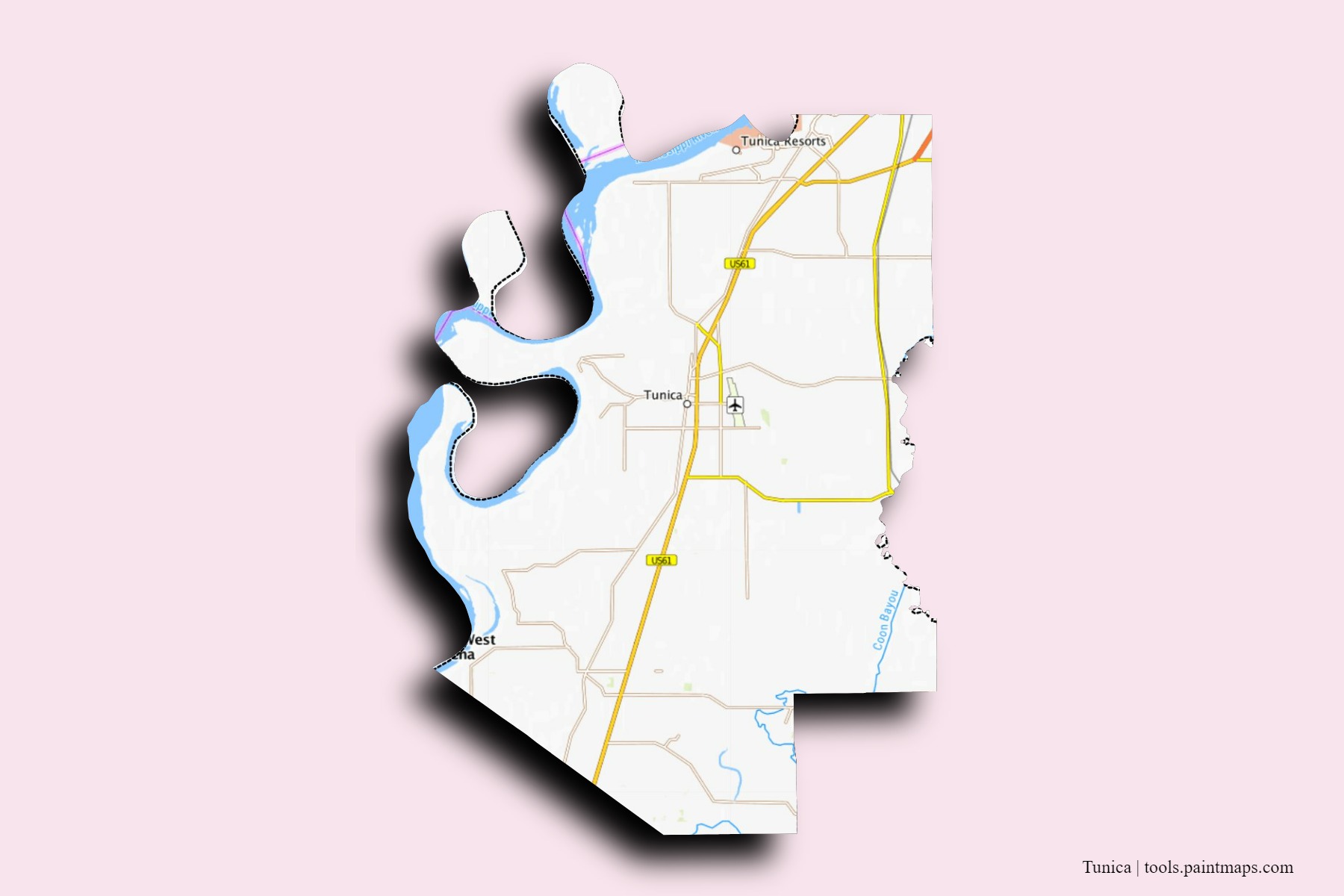 Mapa de barrios y pueblos de Tunica con efecto de sombra 3D