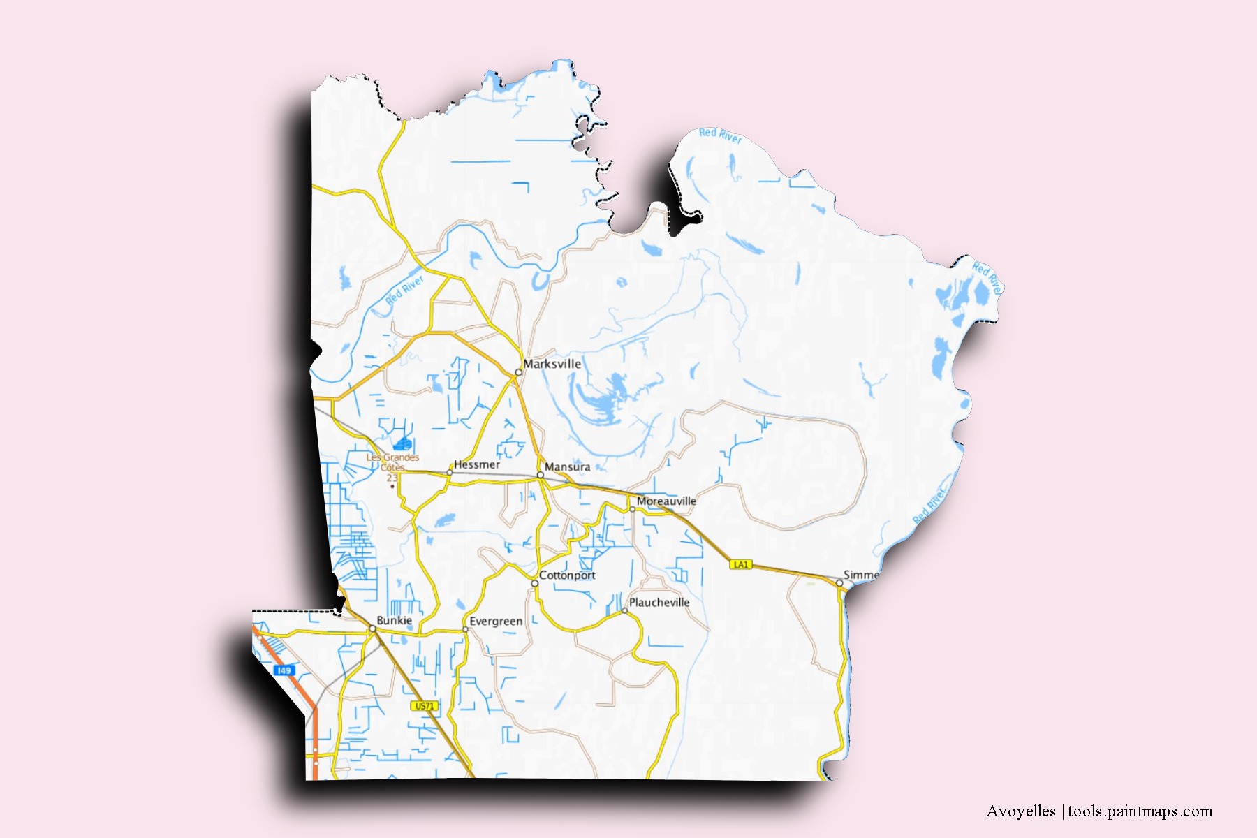 Avoyelles neighborhoods and villages map with 3D shadow effect