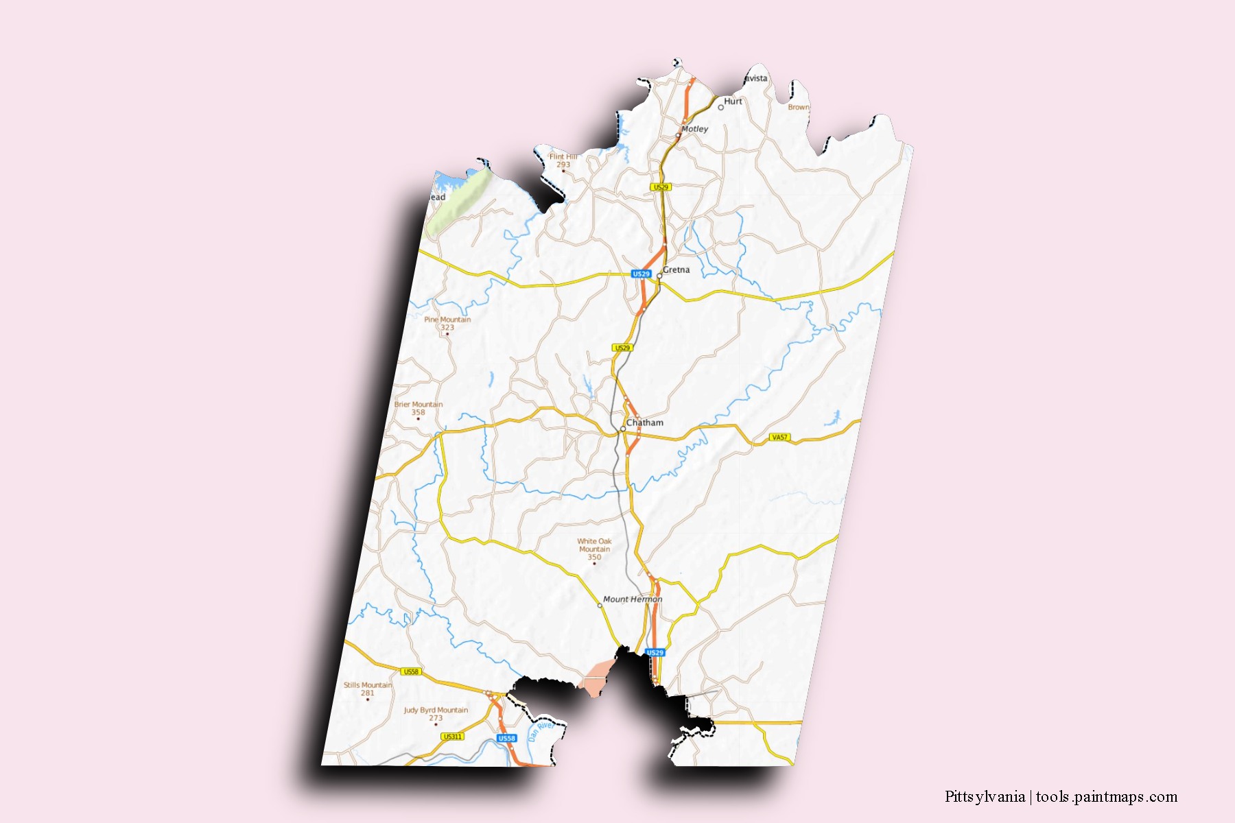 Mapa de barrios y pueblos de Pittsylvania con efecto de sombra 3D