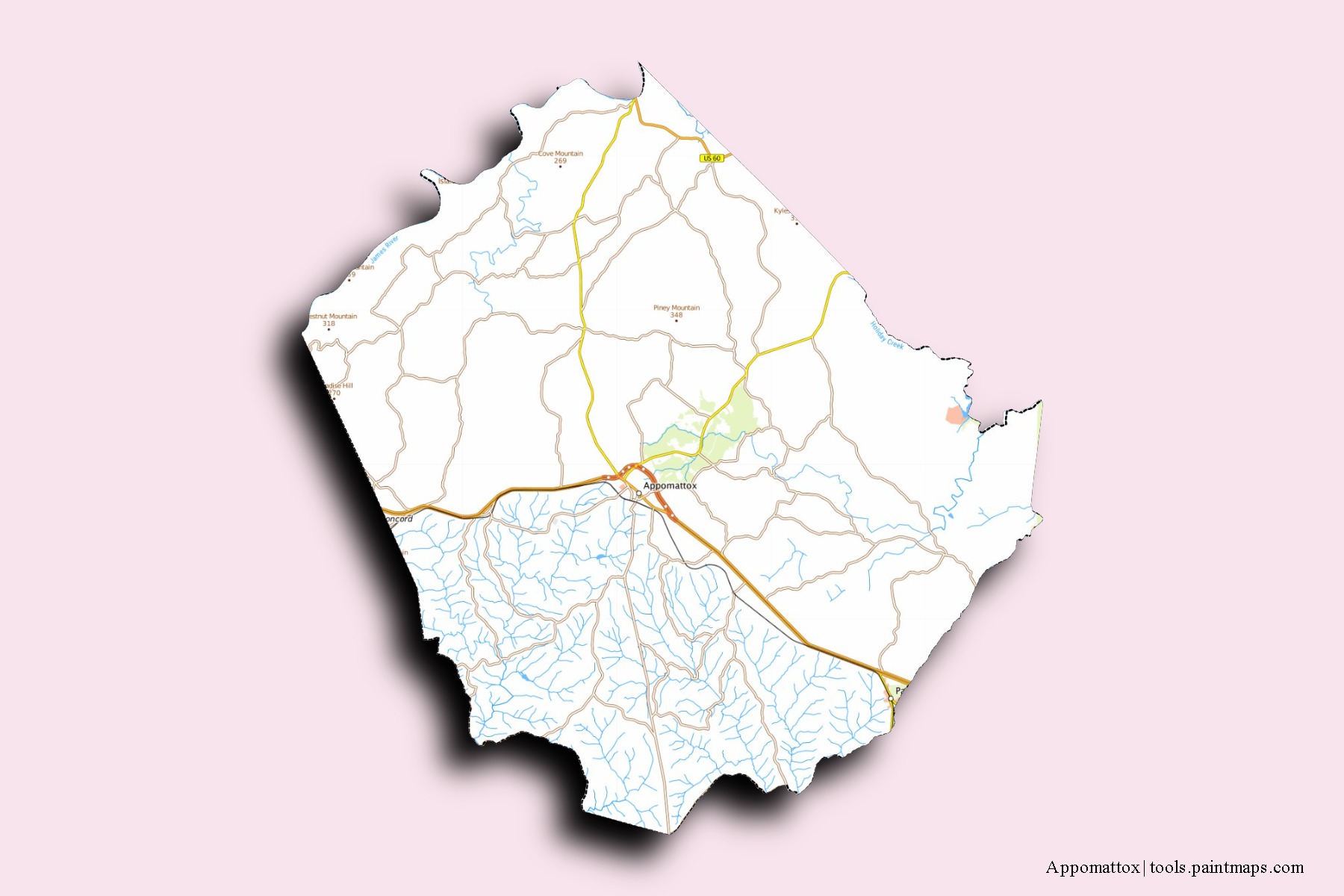 Appomattox neighborhoods and villages map with 3D shadow effect