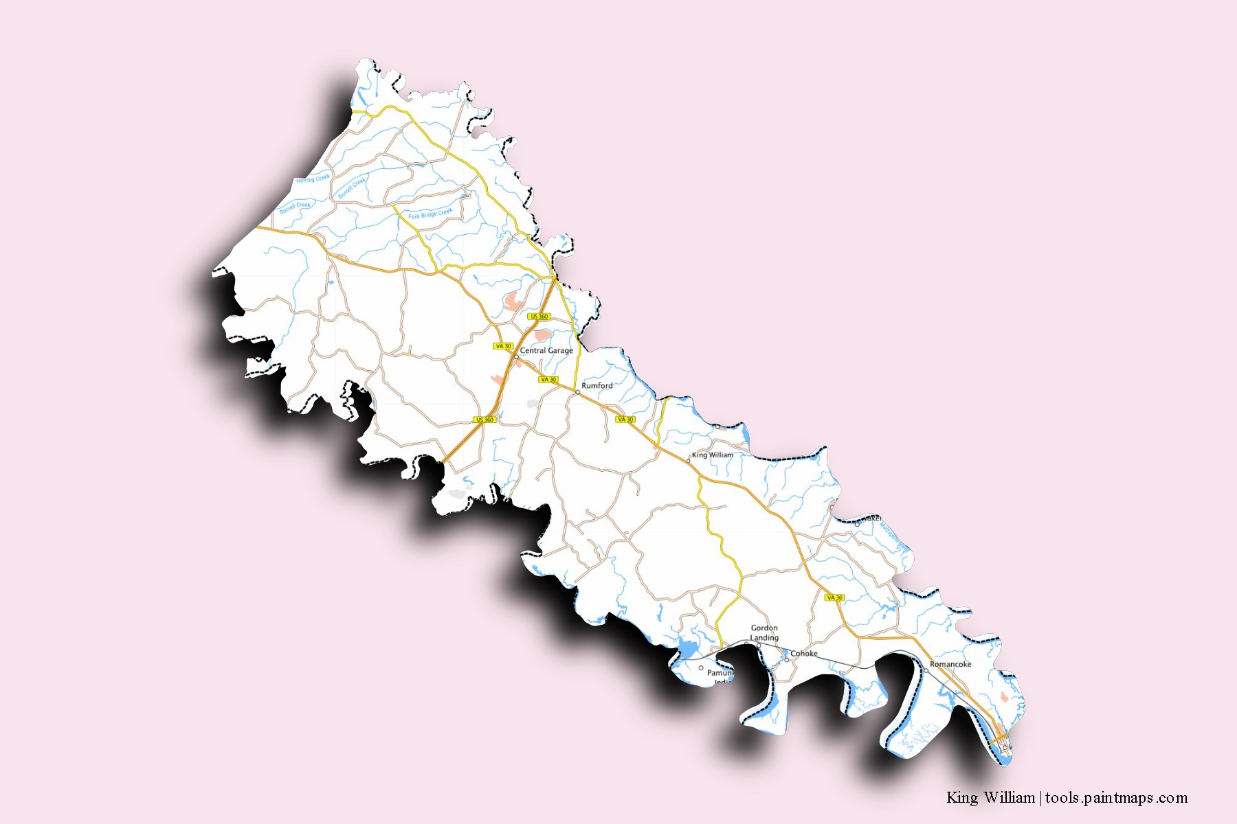 Mapa de barrios y pueblos de King William con efecto de sombra 3D