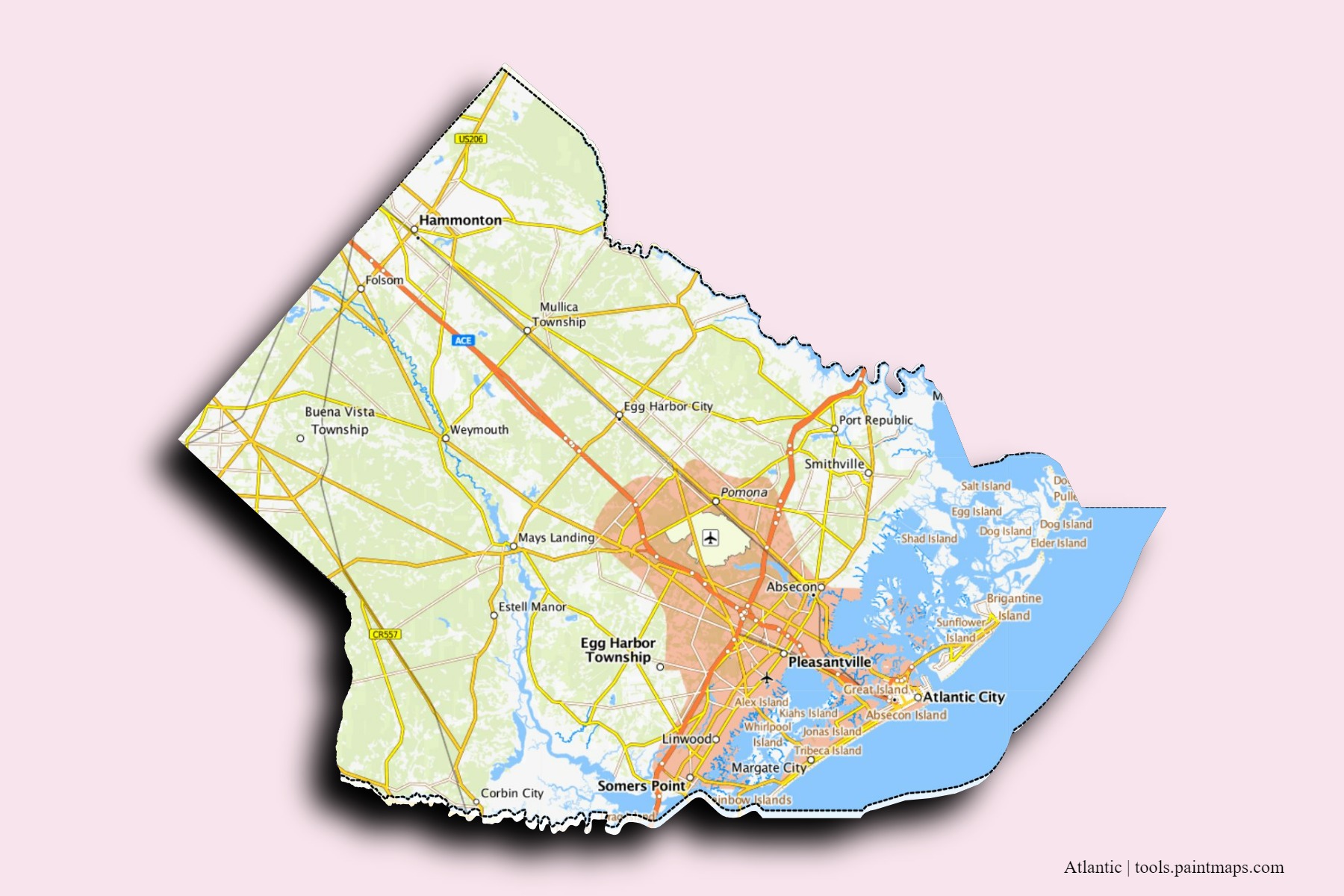 3D gölge efektli Atlantic County mahalleleri ve köyleri haritası