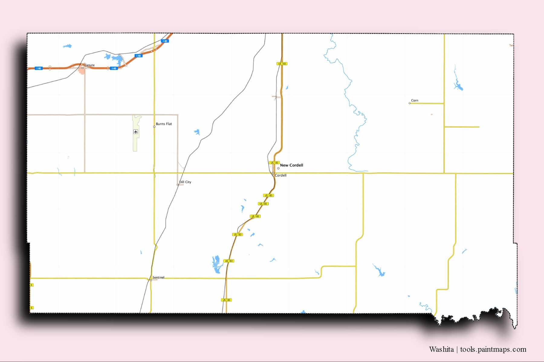 Washita neighborhoods and villages map with 3D shadow effect