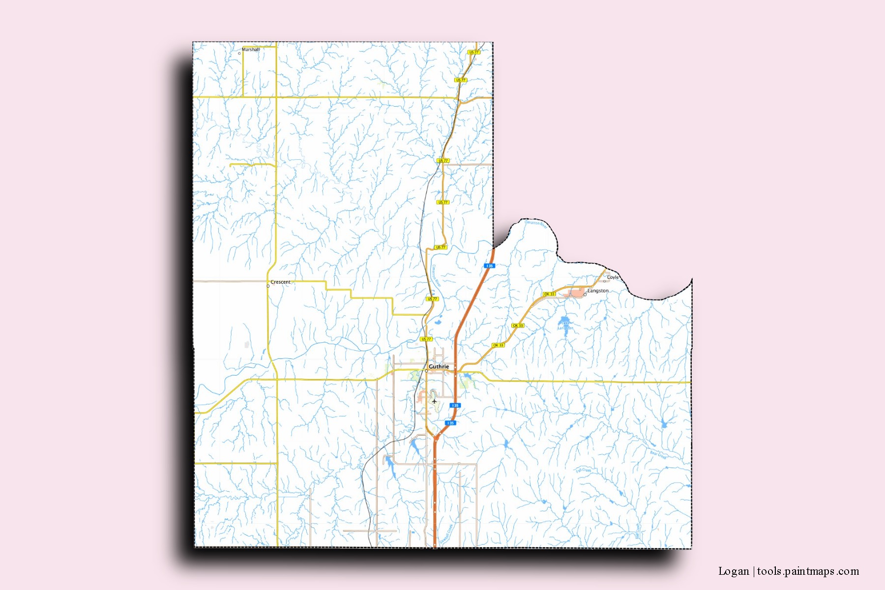 Logan neighborhoods and villages map with 3D shadow effect