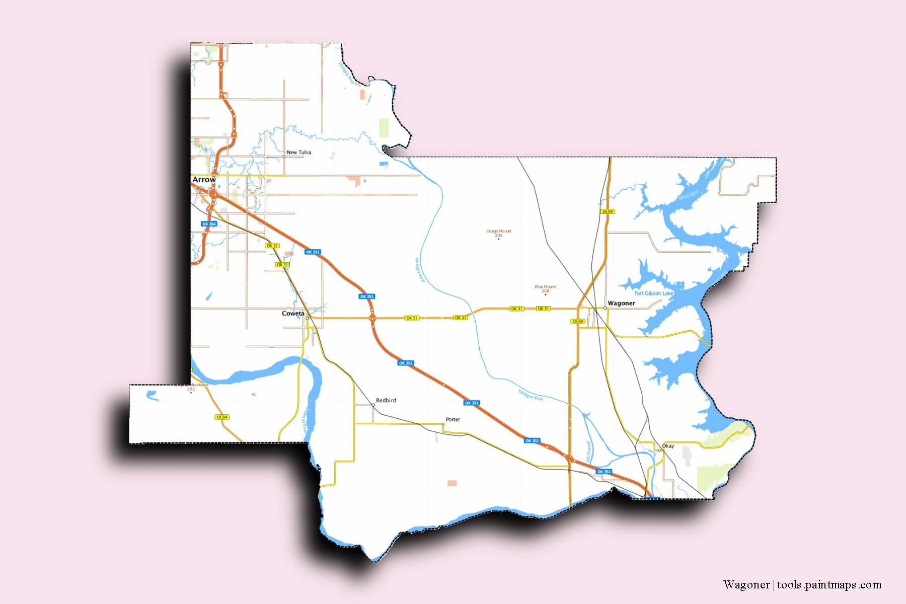 3D gölge efektli Wagoner County mahalleleri ve köyleri haritası