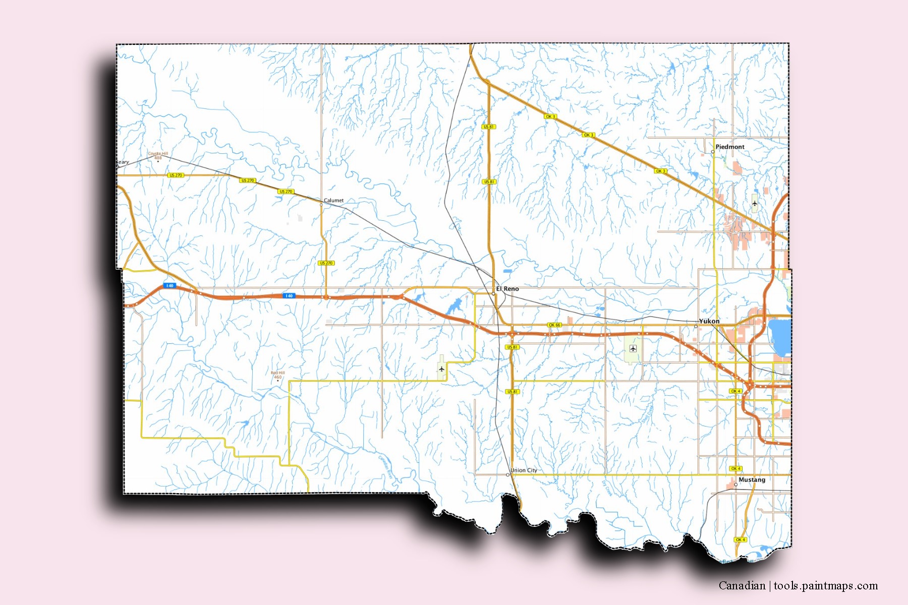 3D gölge efektli Canadian County mahalleleri ve köyleri haritası
