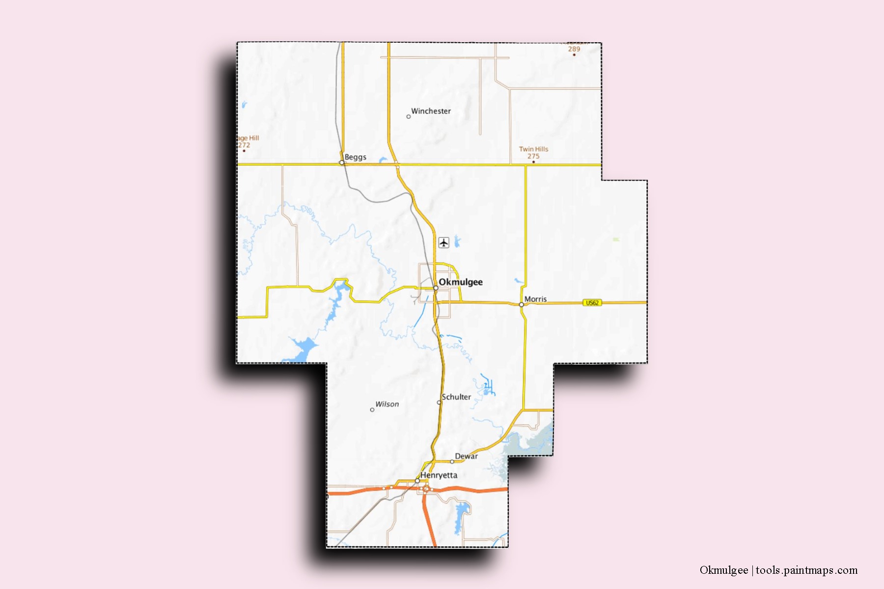 Okmulgee neighborhoods and villages map with 3D shadow effect