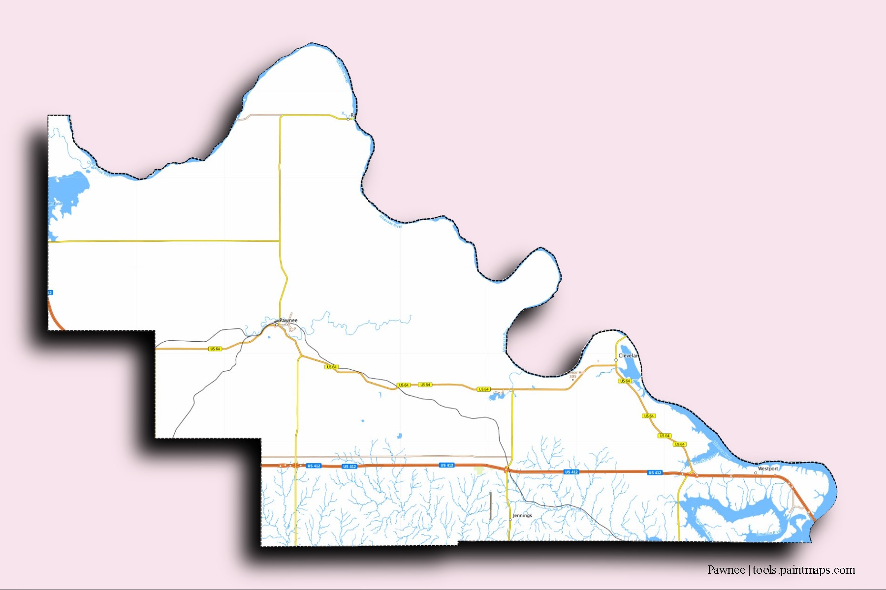 Mapa de barrios y pueblos de Pawnee con efecto de sombra 3D