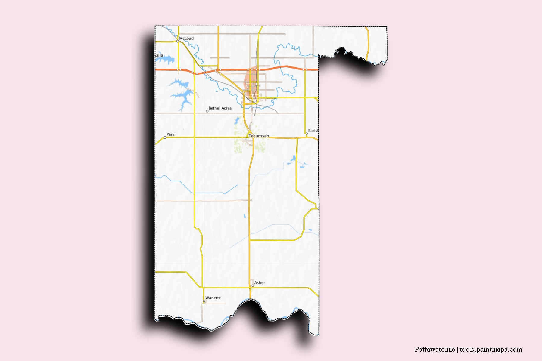 3D gölge efektli Pottawatomie County mahalleleri ve köyleri haritası