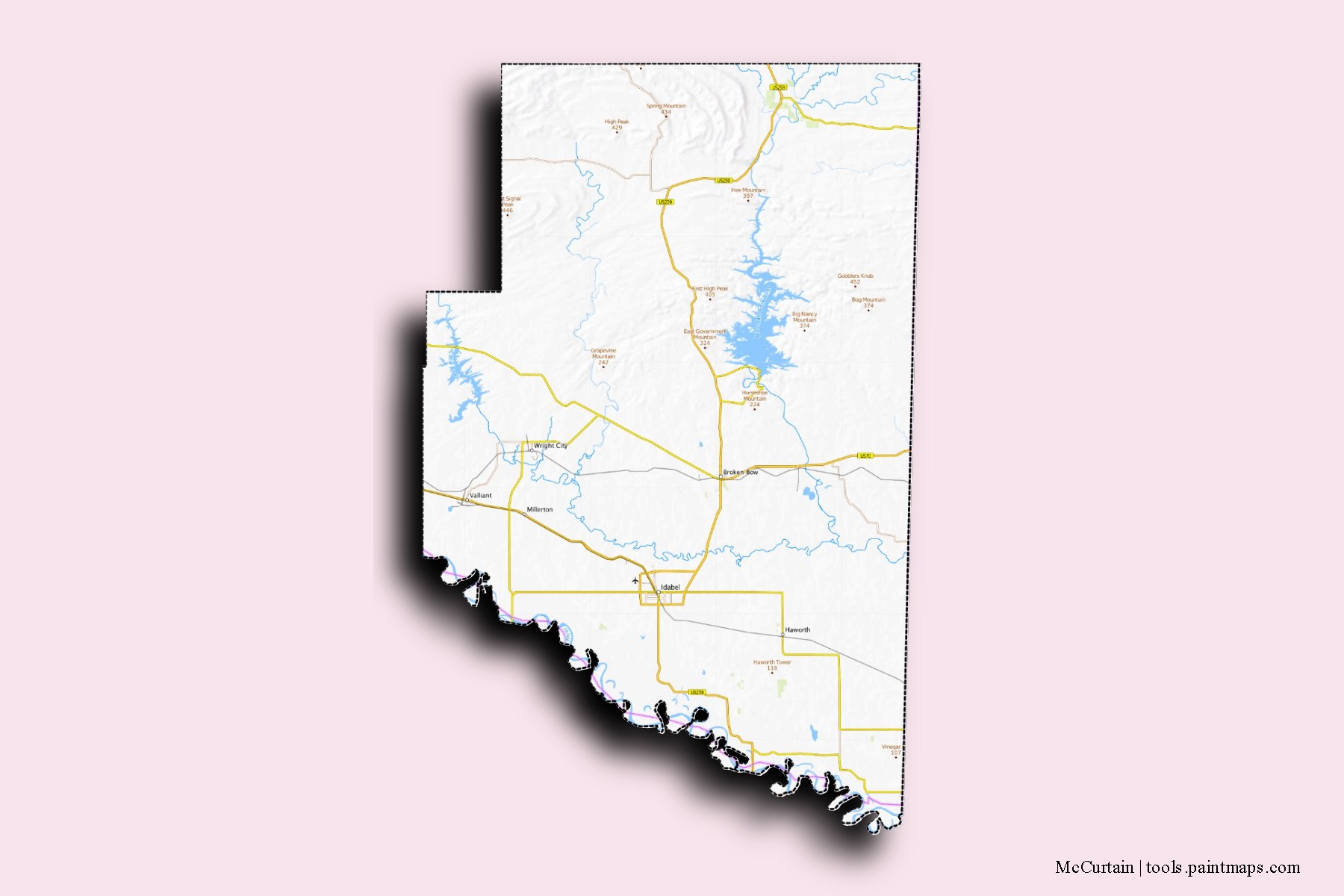 McCurtain neighborhoods and villages map with 3D shadow effect