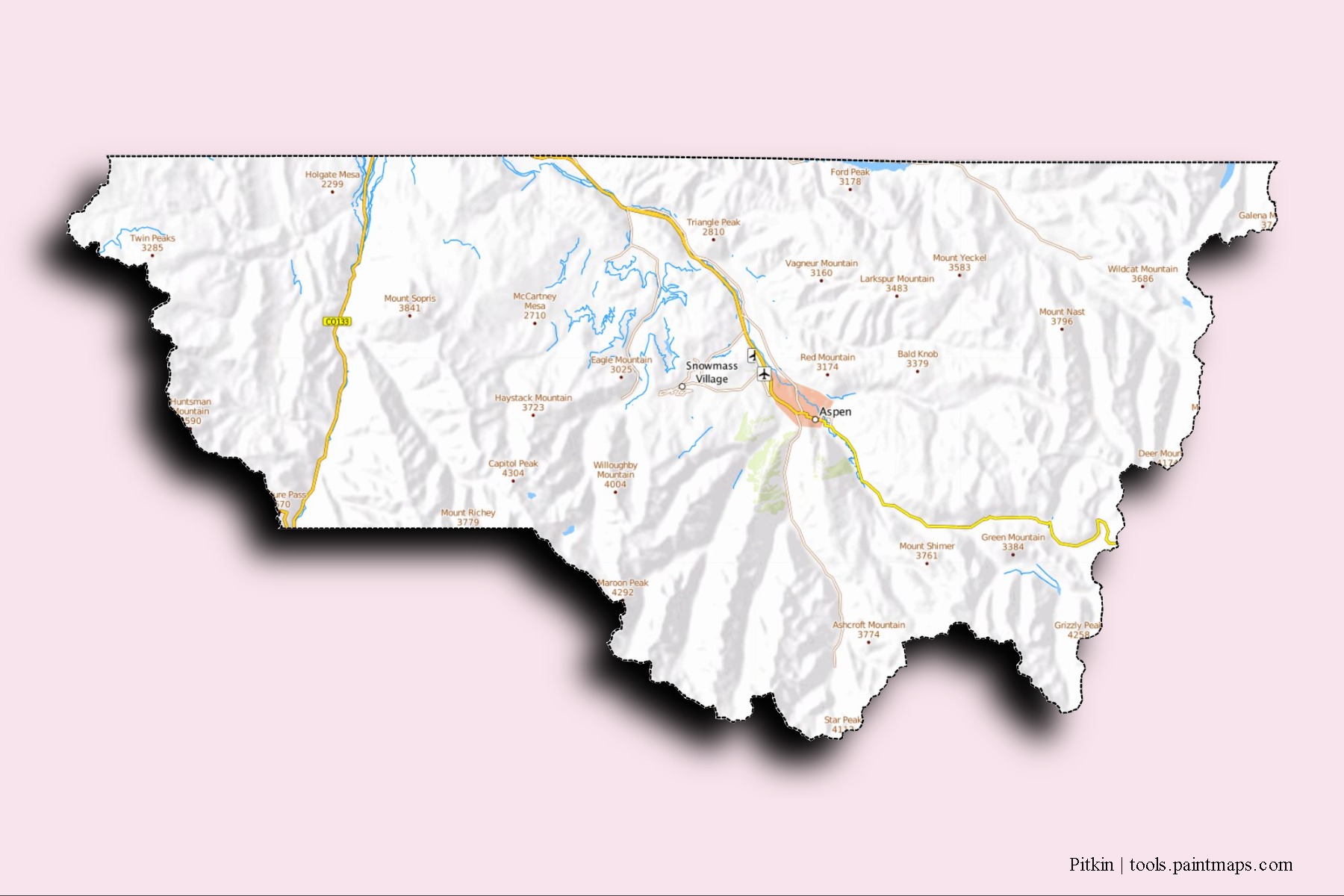 Mapa de barrios y pueblos de Pitkin con efecto de sombra 3D