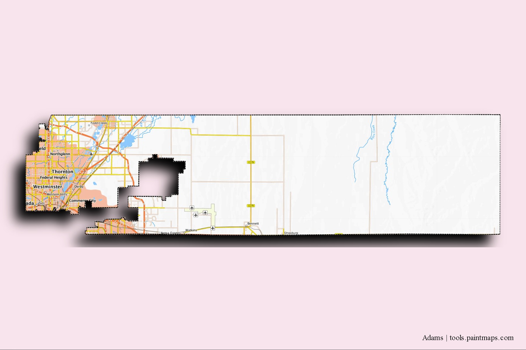 Adams neighborhoods and villages map with 3D shadow effect