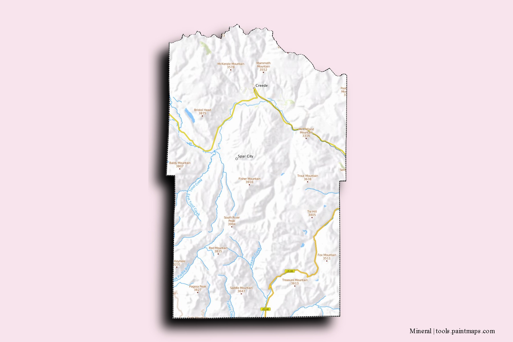 Mapa de barrios y pueblos de Mineral con efecto de sombra 3D