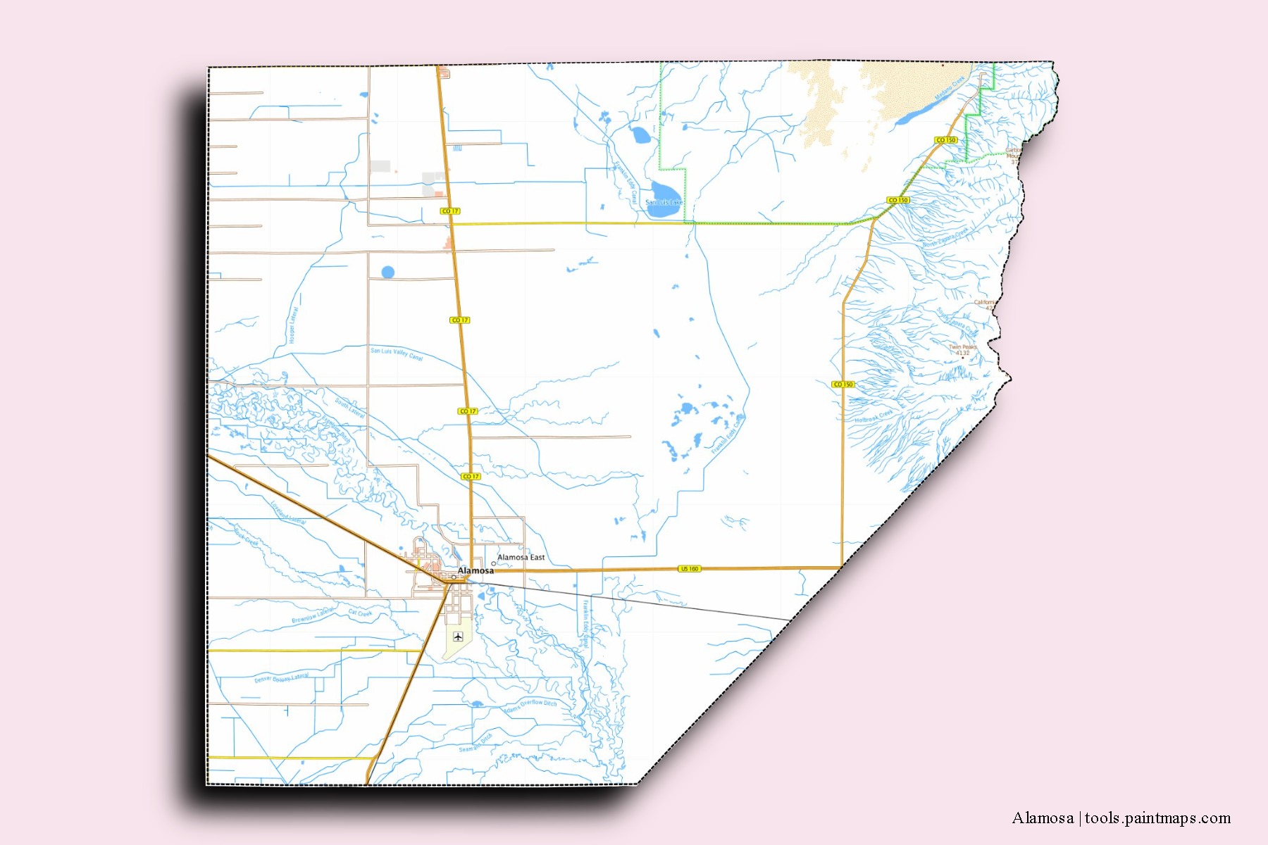 Alamosa neighborhoods and villages map with 3D shadow effect