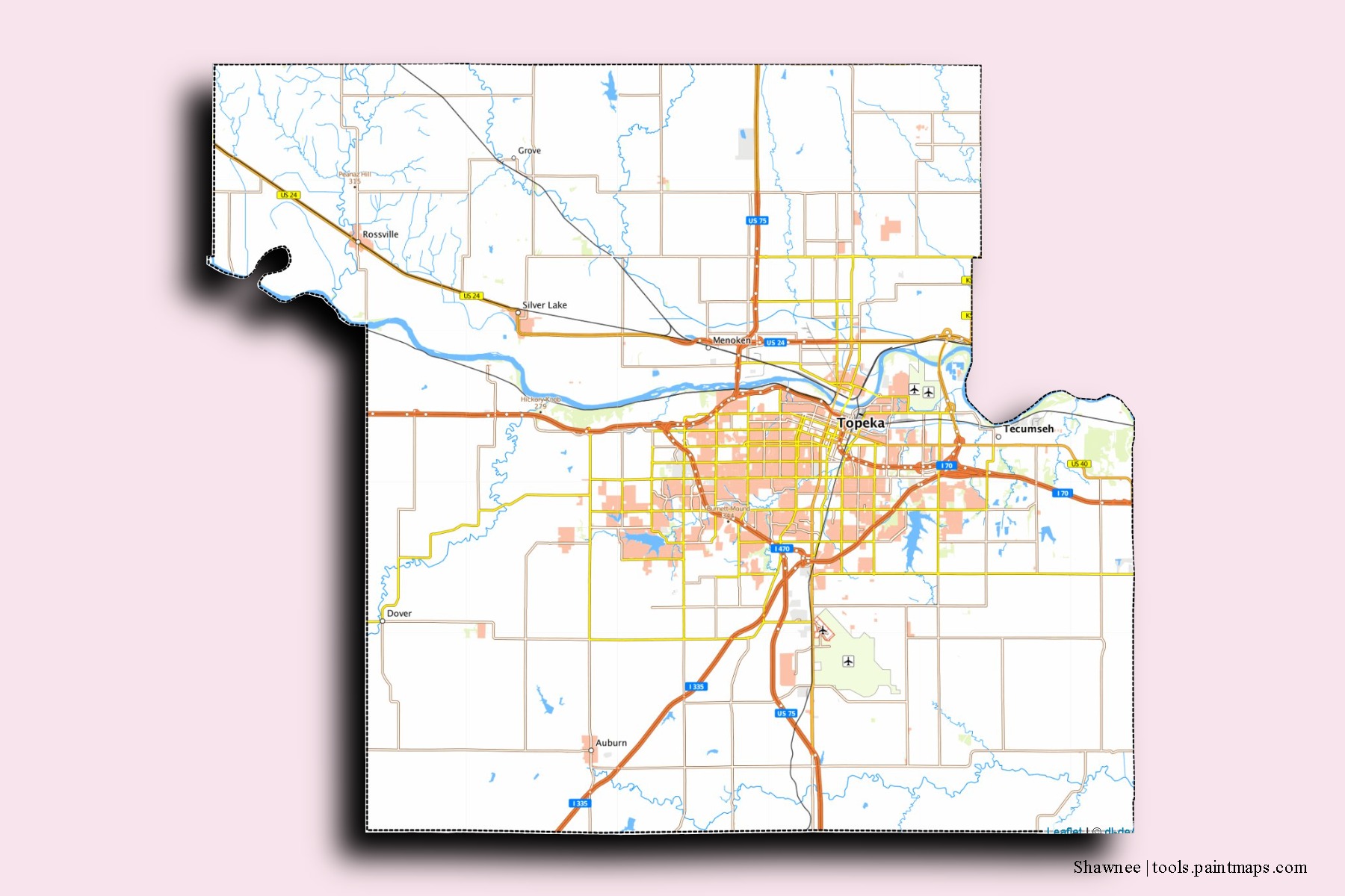 Shawnee neighborhoods and villages map with 3D shadow effect