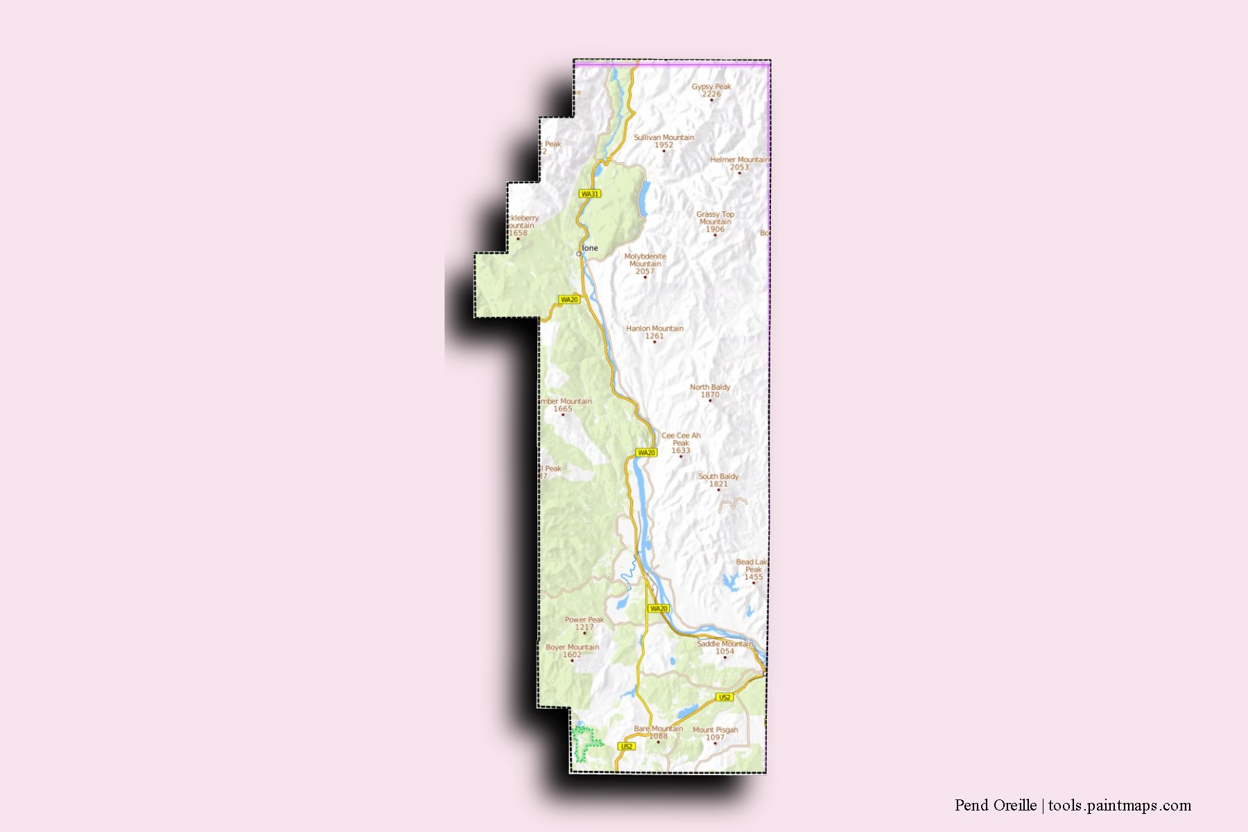 Mapa de barrios y pueblos de Pend Oreille con efecto de sombra 3D