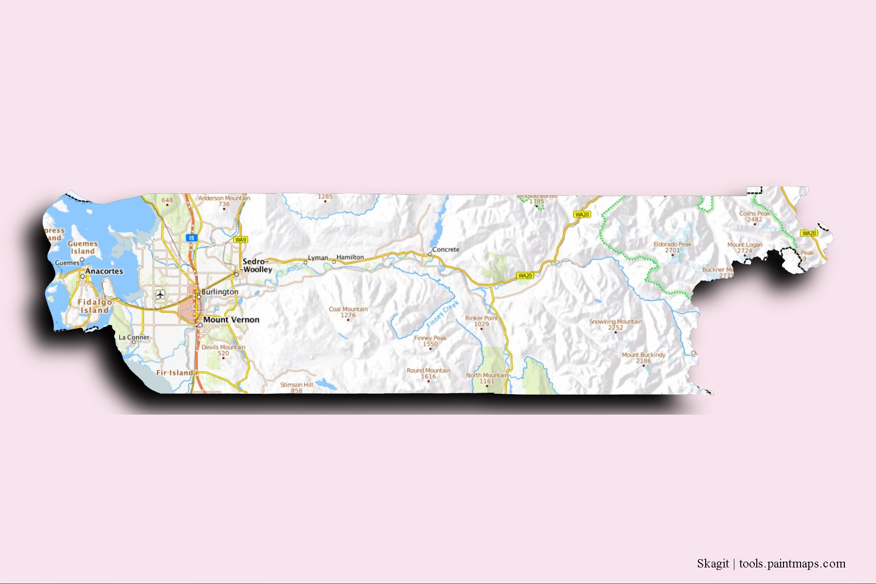 Mapa de barrios y pueblos de Skagit con efecto de sombra 3D