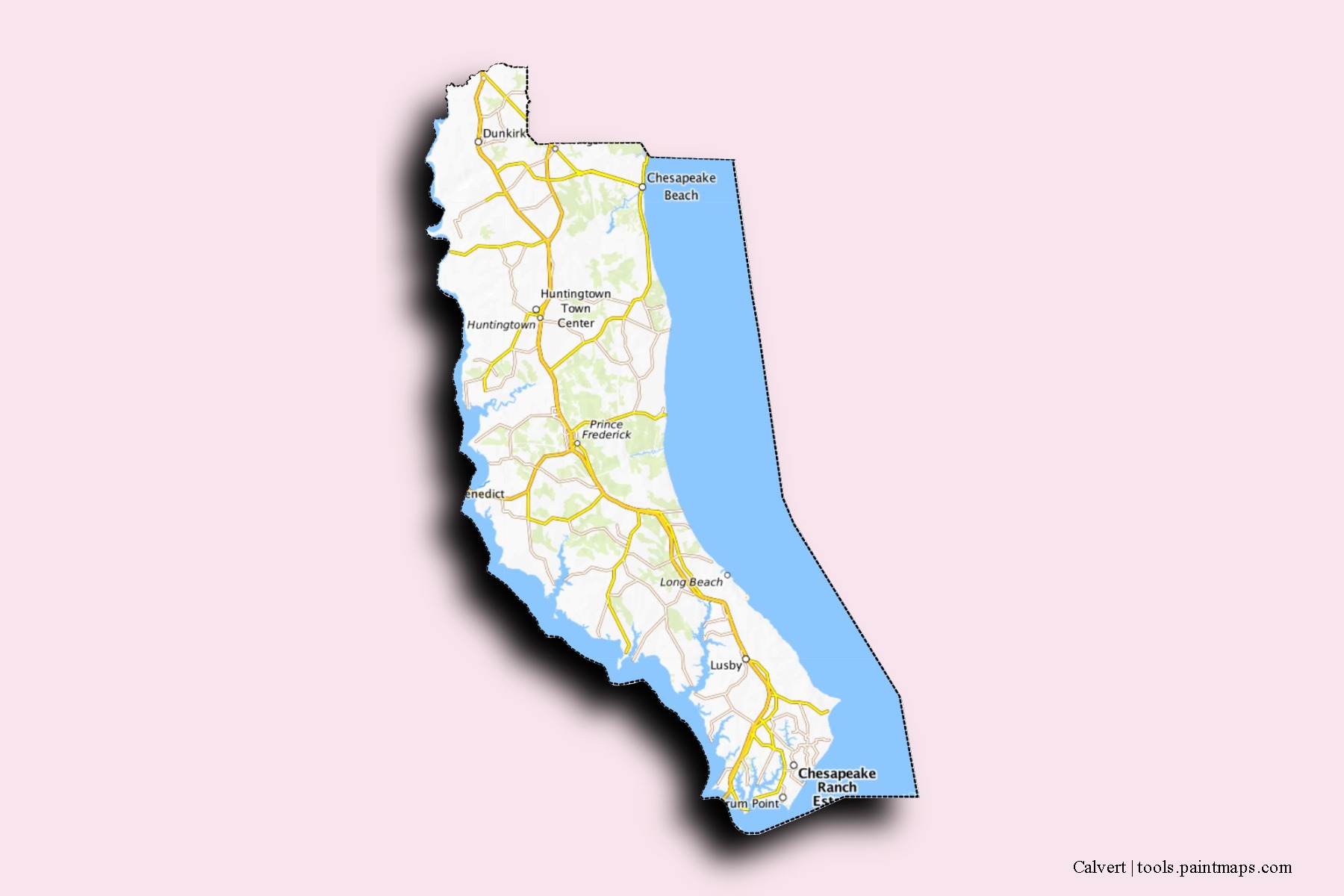 Mapa de barrios y pueblos de Calvert con efecto de sombra 3D