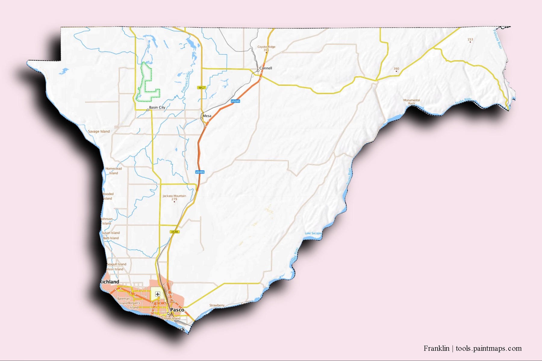 Franklin neighborhoods and villages map with 3D shadow effect