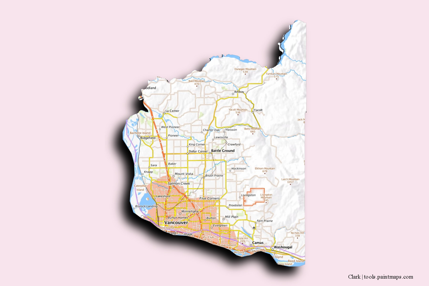 Clark neighborhoods and villages map with 3D shadow effect