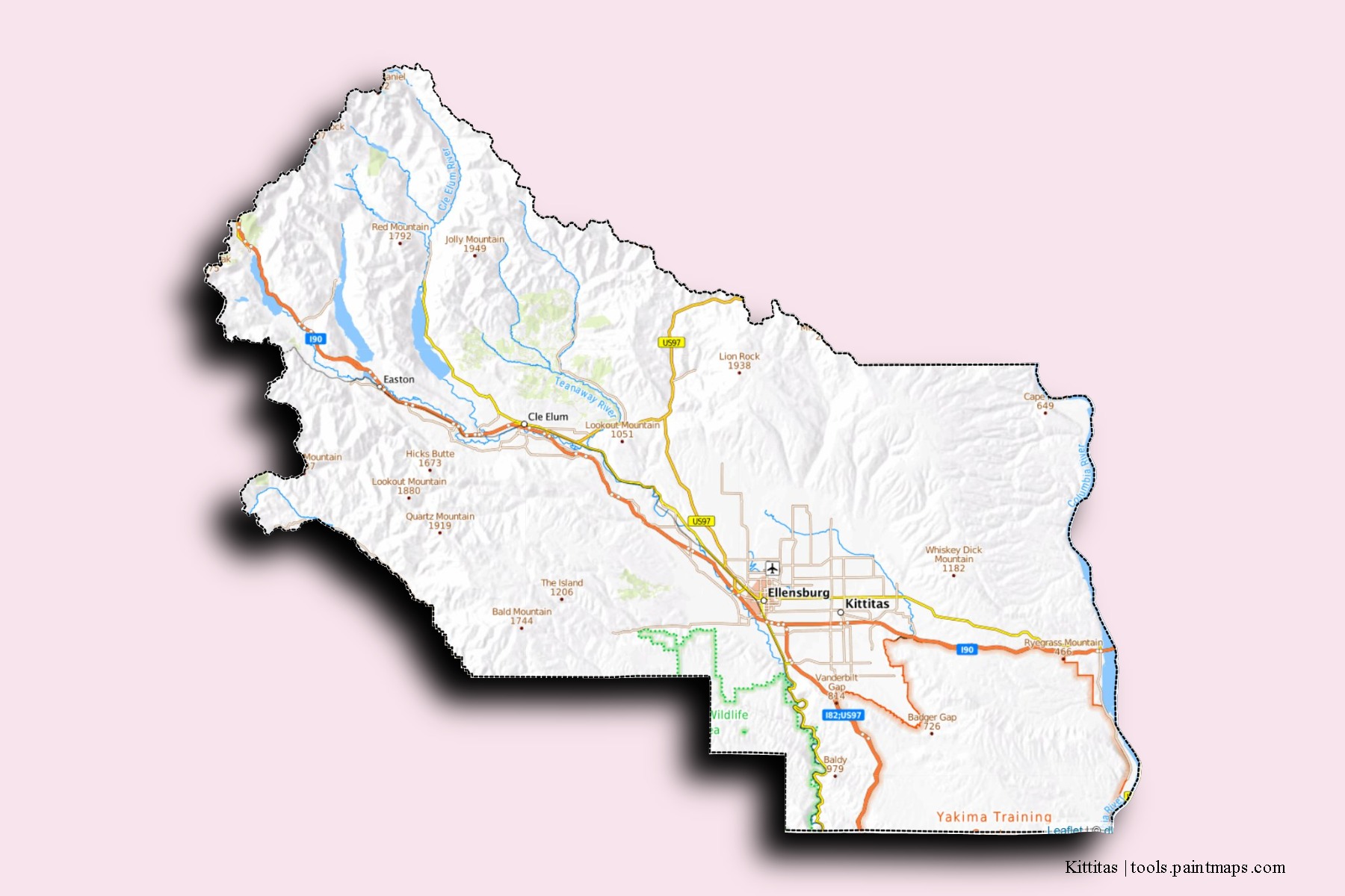 Kittitas neighborhoods and villages map with 3D shadow effect