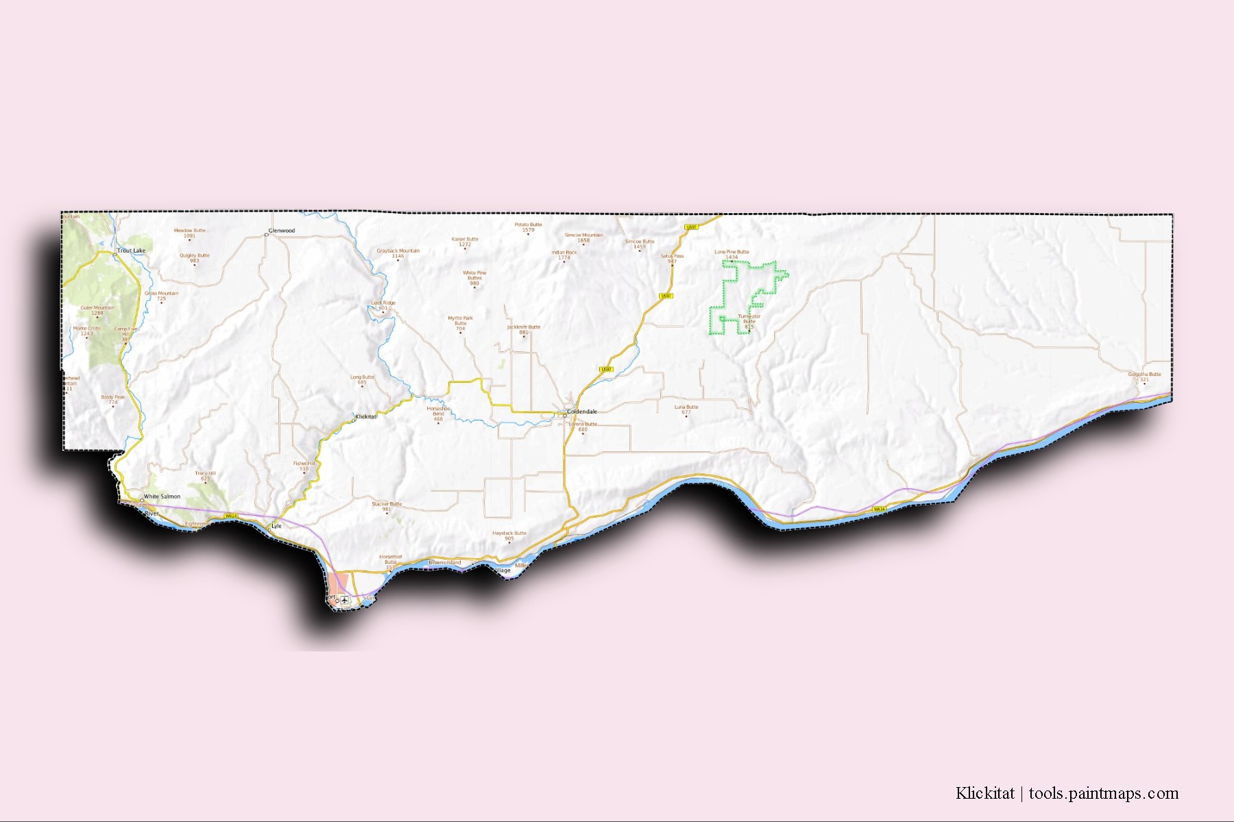 Mapa de barrios y pueblos de Klickitat con efecto de sombra 3D