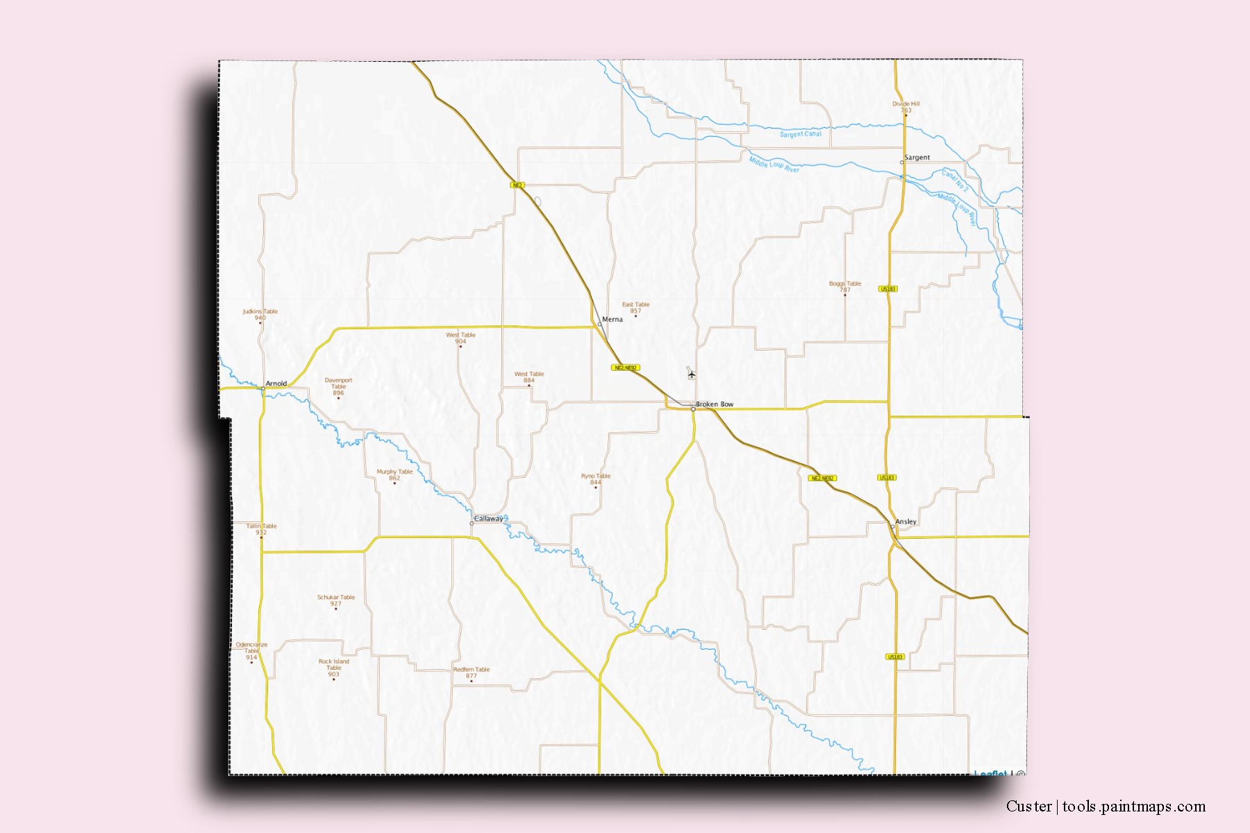 Custer neighborhoods and villages map with 3D shadow effect