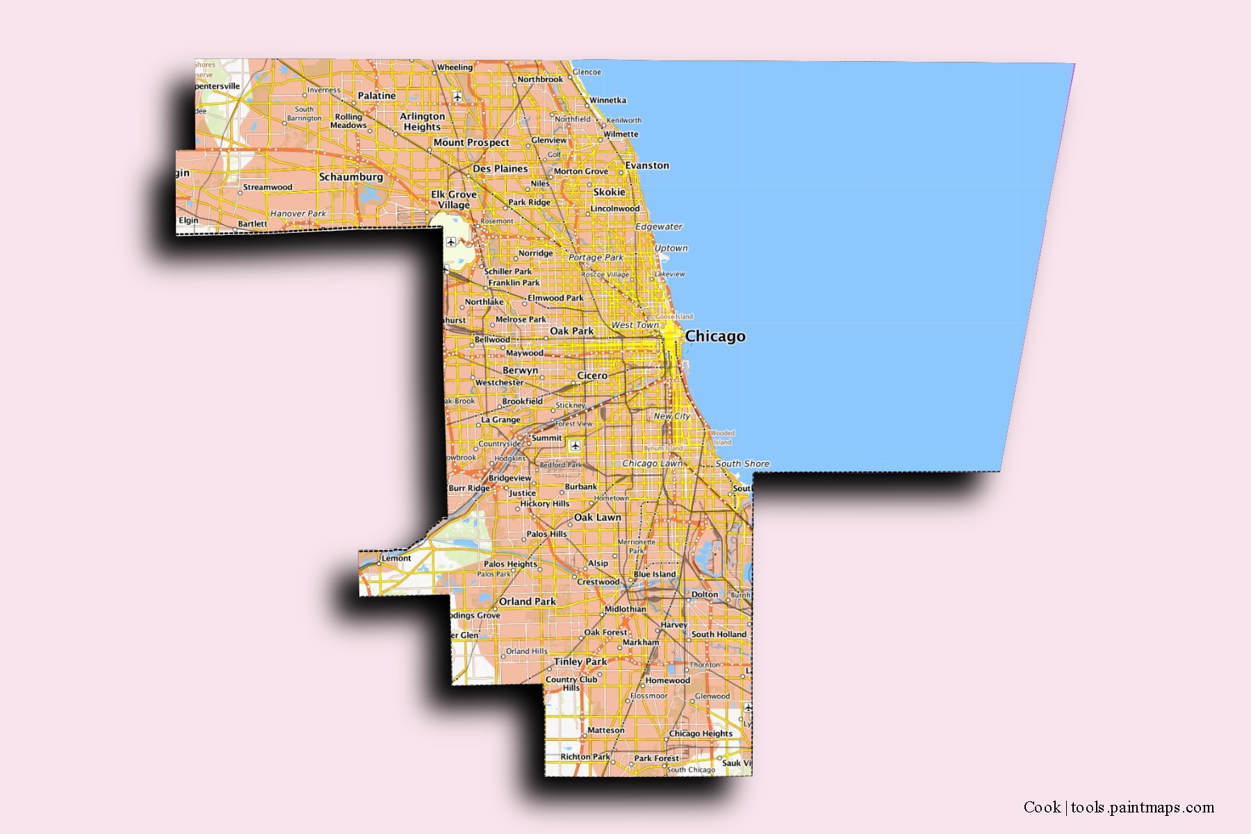 Cook neighborhoods and villages map with 3D shadow effect