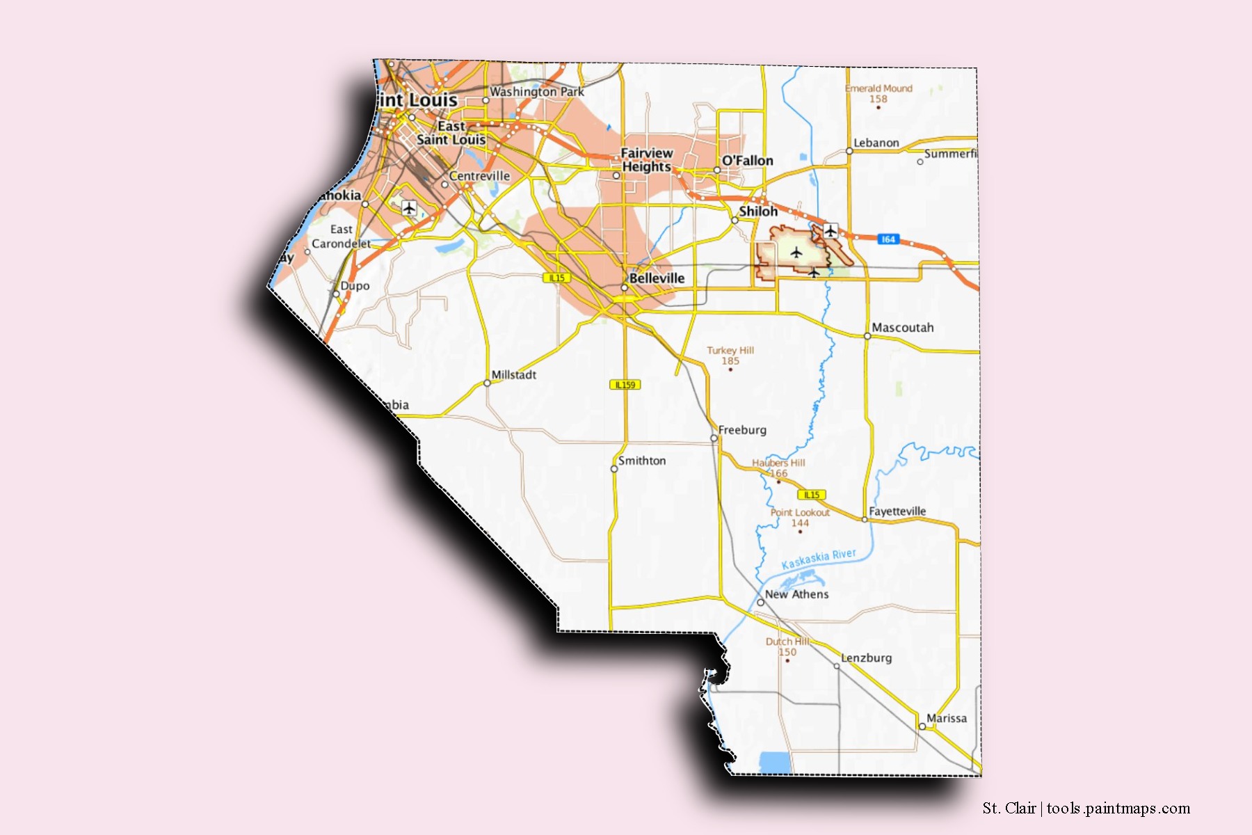 3D gölge efektli St. Clair County mahalleleri ve köyleri haritası