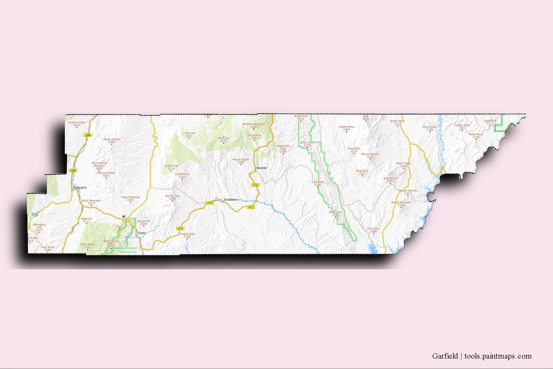 Mapa de barrios y pueblos de Garfield con efecto de sombra 3D