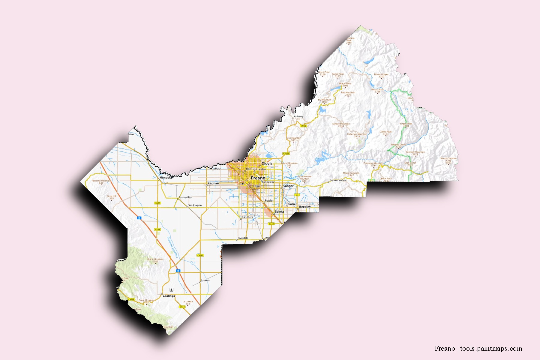 Fresno neighborhoods and villages map with 3D shadow effect