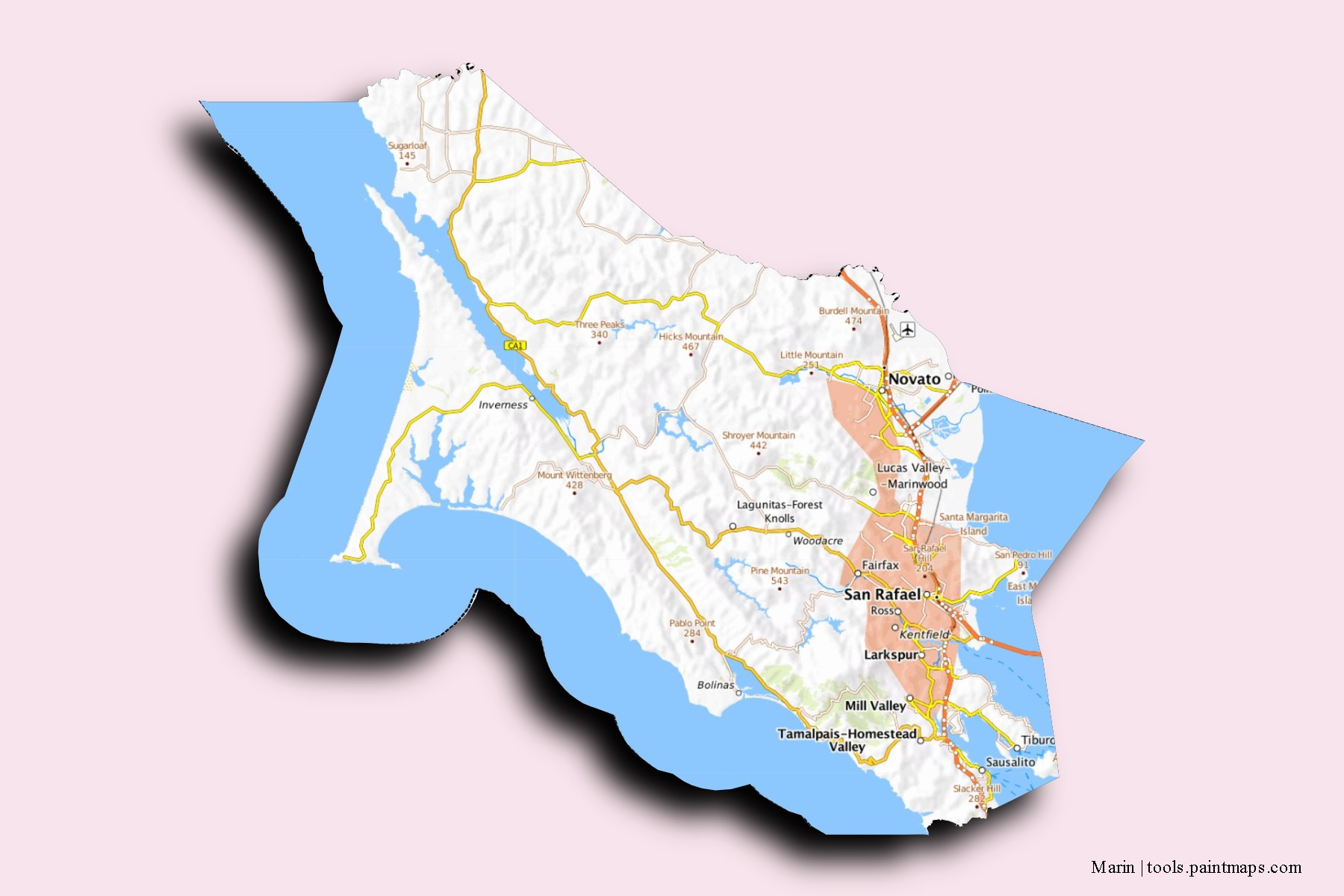 Marin neighborhoods and villages map with 3D shadow effect