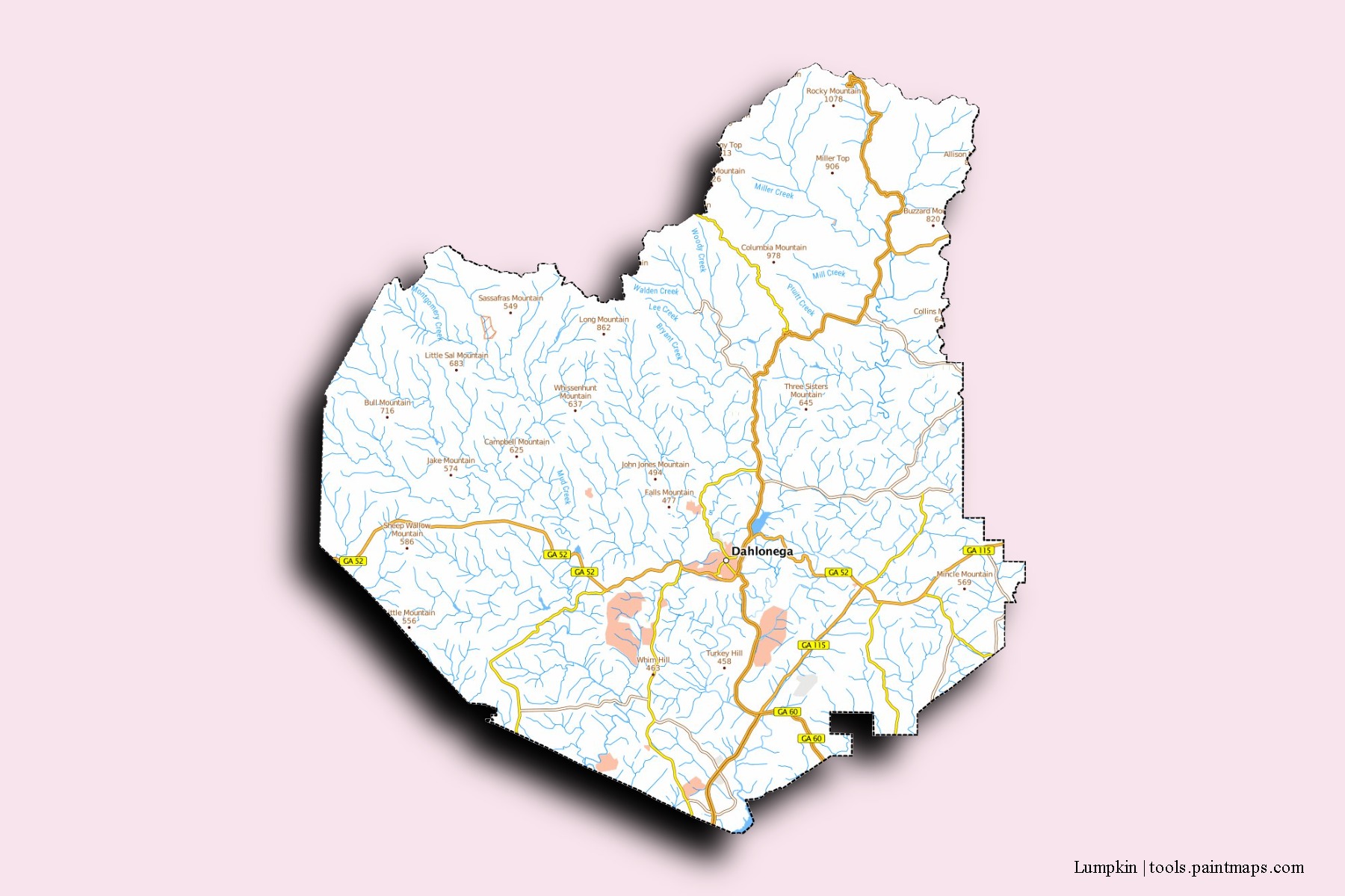 Mapa de barrios y pueblos de Lumpkin con efecto de sombra 3D