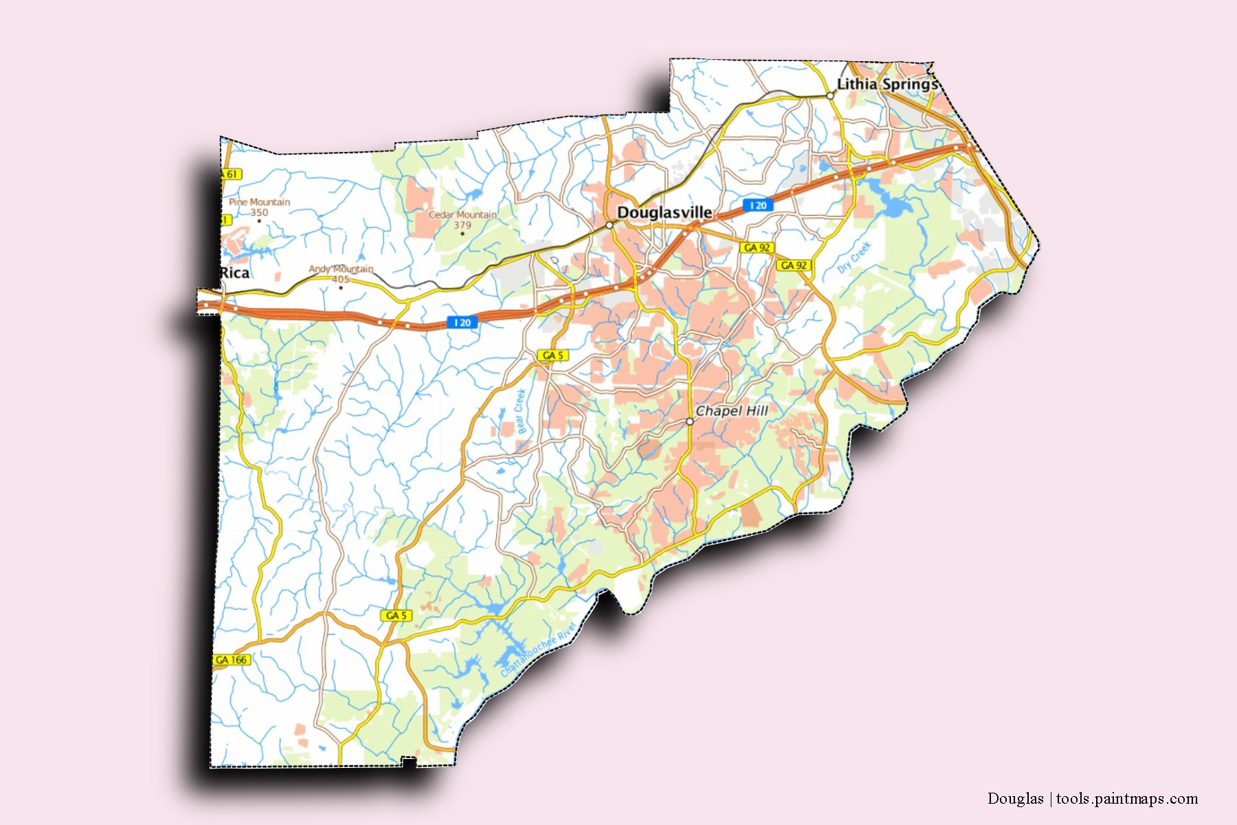 Douglas neighborhoods and villages map with 3D shadow effect