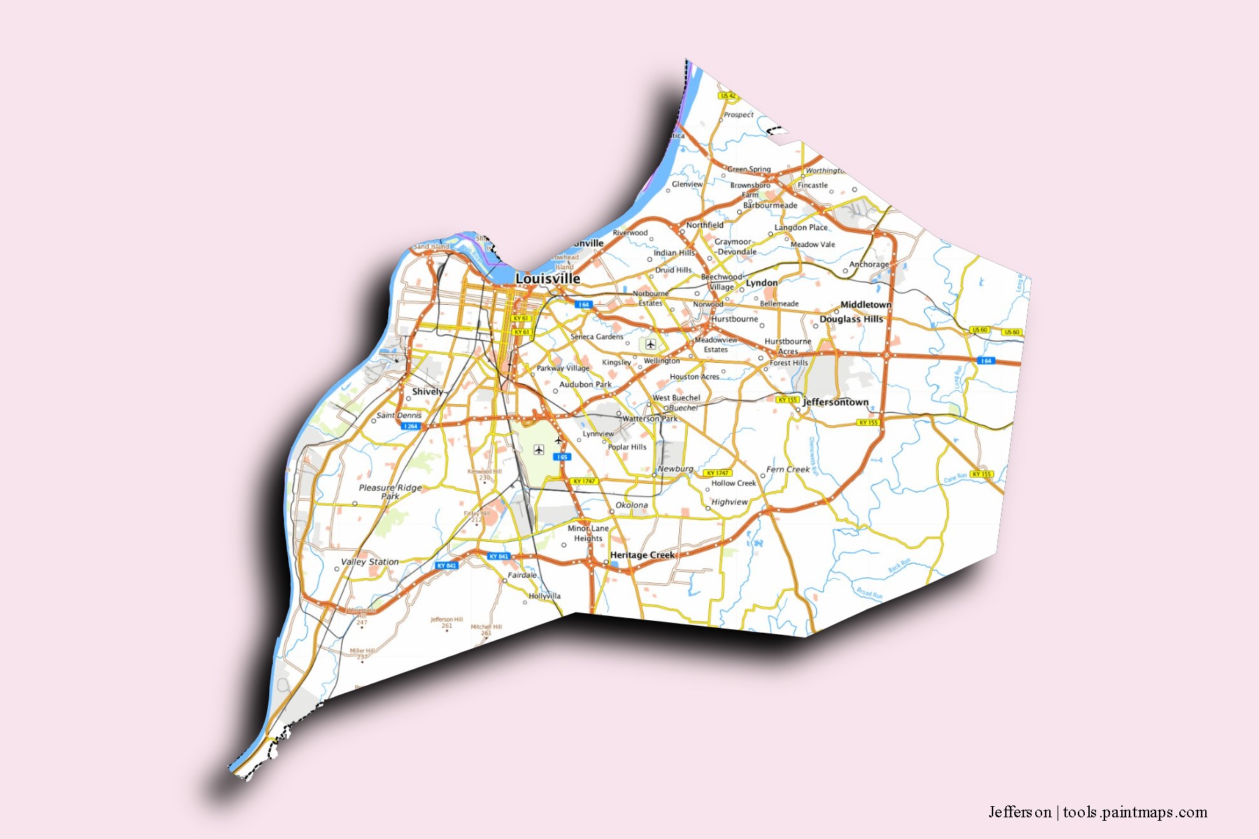 Jefferson neighborhoods and villages map with 3D shadow effect