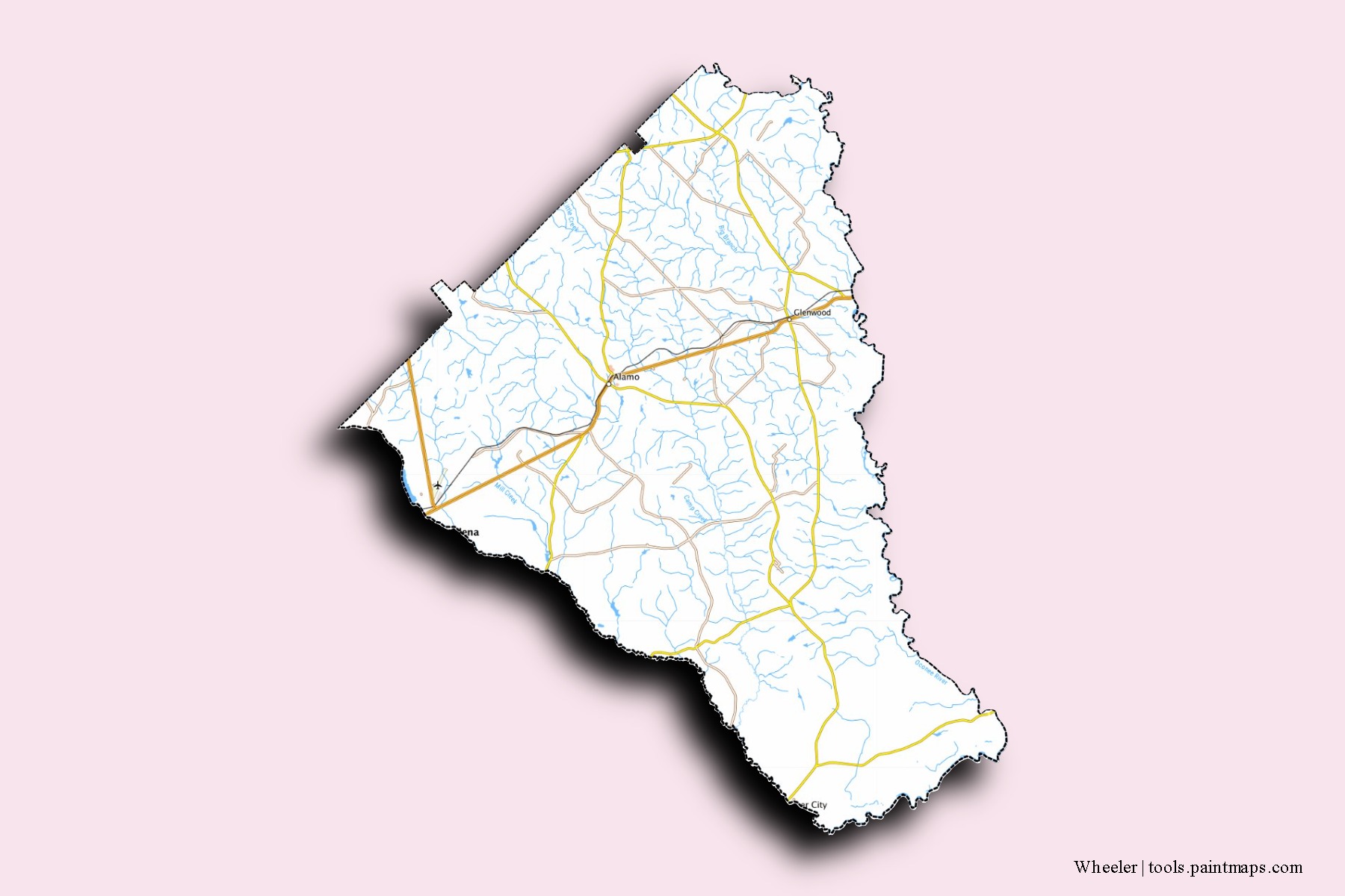 Mapa de barrios y pueblos de Wheeler con efecto de sombra 3D