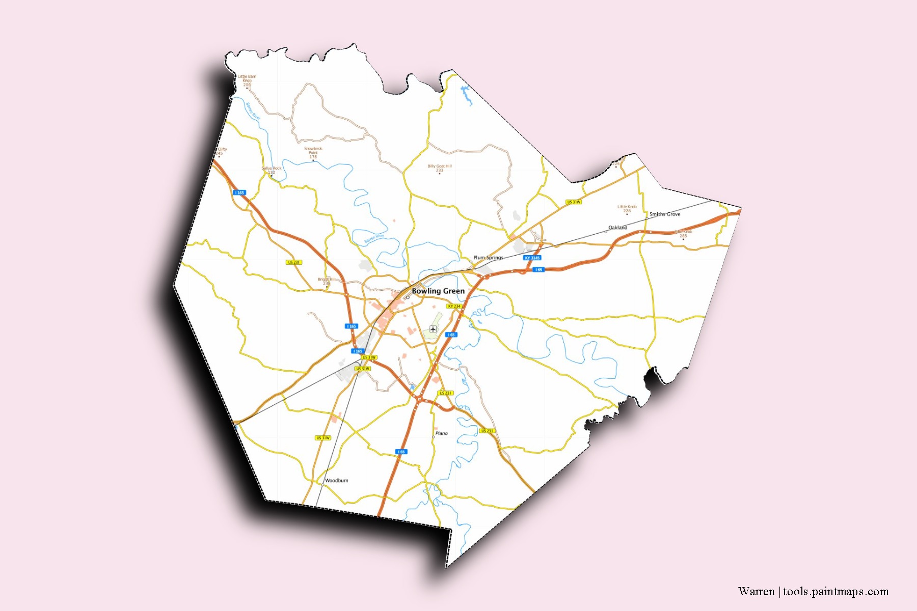 Warren neighborhoods and villages map with 3D shadow effect