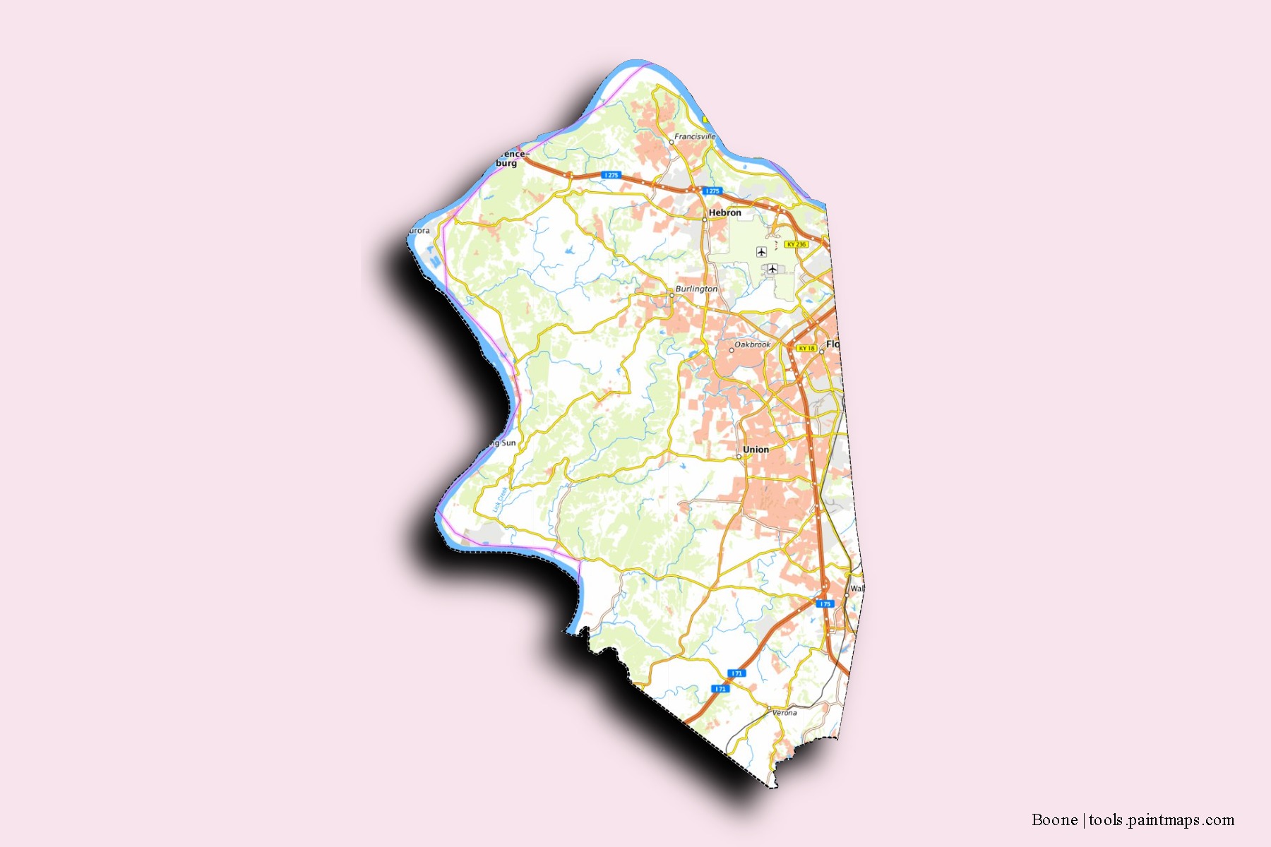 3D gölge efektli Boone County mahalleleri ve köyleri haritası