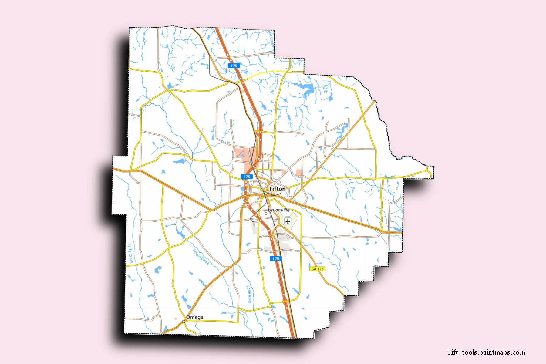 Tift neighborhoods and villages map with 3D shadow effect