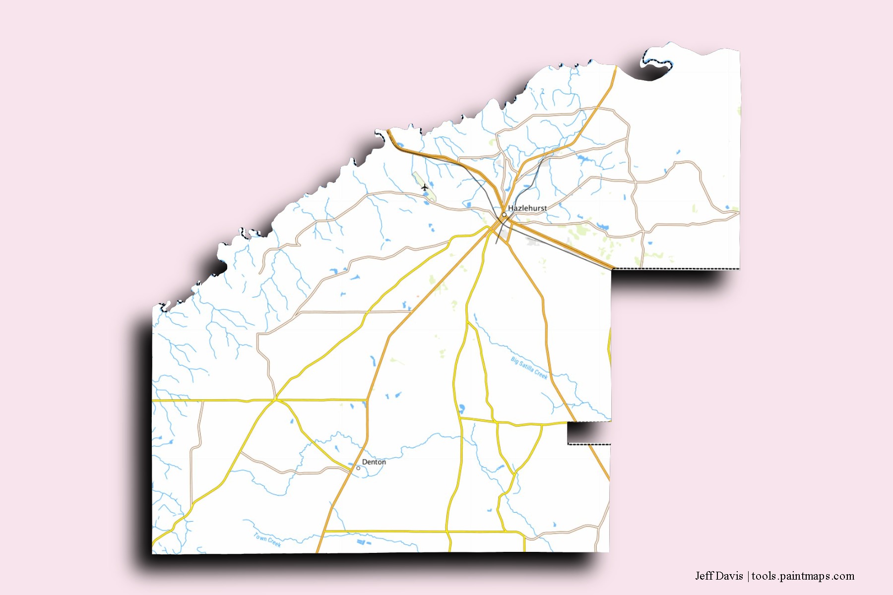 Jeff Davis neighborhoods and villages map with 3D shadow effect