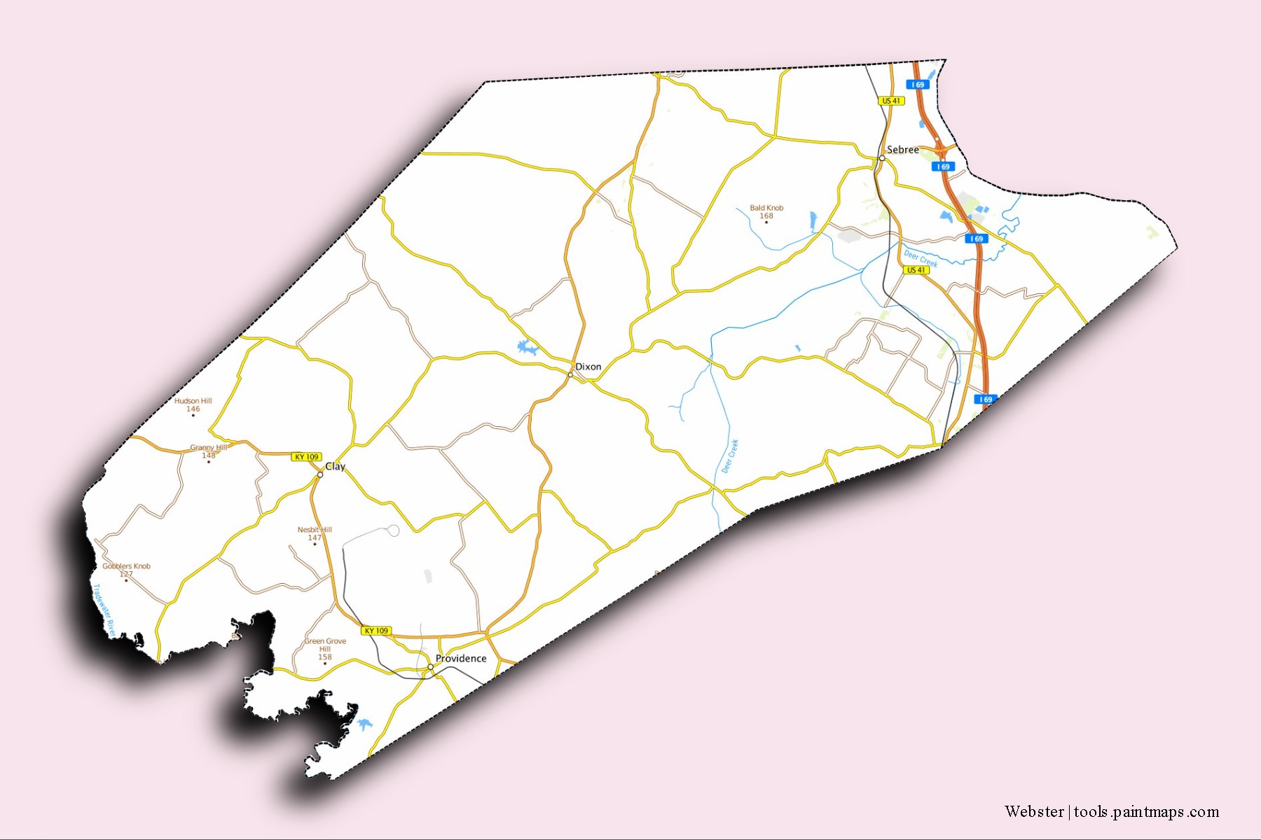 Webster neighborhoods and villages map with 3D shadow effect