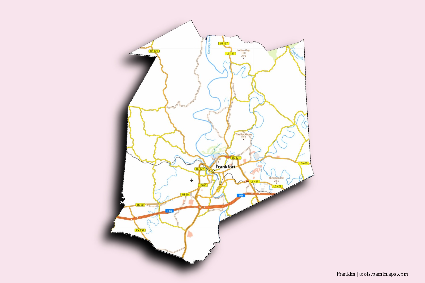 Mapa de barrios y pueblos de Franklin con efecto de sombra 3D