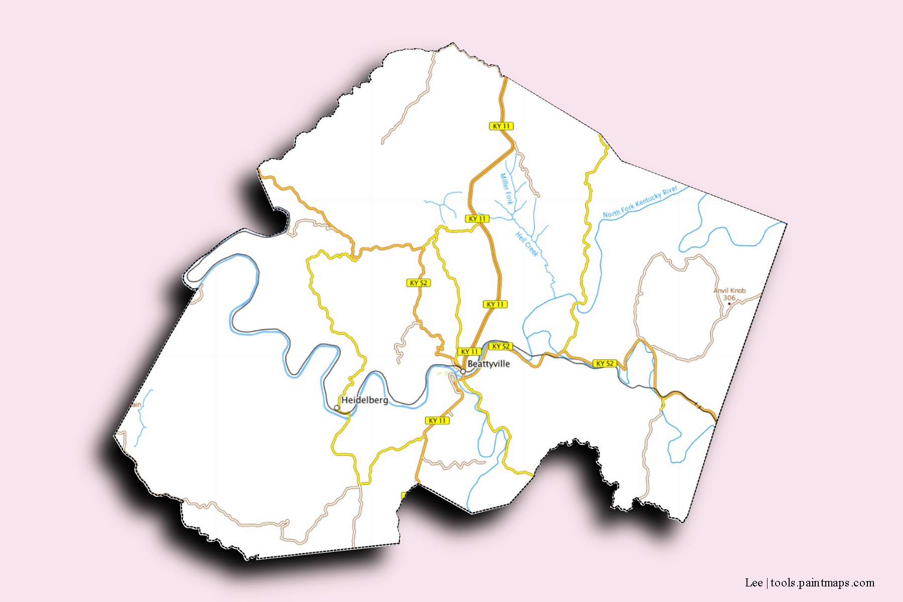 Mapa de barrios y pueblos de Lee con efecto de sombra 3D